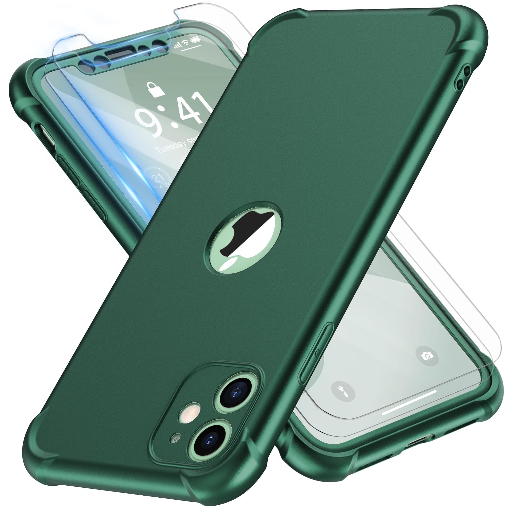 ORETECH Coque Silicone pour iPhone 11 avec 2 Pièces Verre Trempé Protection écran,2 en 1 Antichoc Souple TPU Rigide PC Housse de Protection Etui pour iPhone 11 Case 6.1" Vert