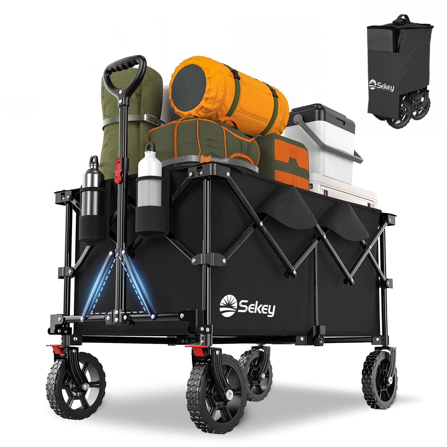 Sekey XXL Plus Carro Plegable con Rueda Frenos 200L 200KG, Carrito Transporte para Playa Camping Jardín, Patentado Plegable en Cuatro Direcciones SE4010, Negro Profundo