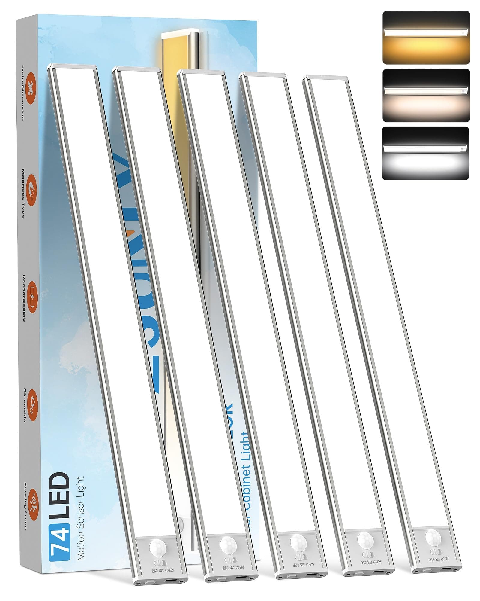 PZSUNLY Led Sottopensile Cucina - 5 Pezzi Luce Sottopensile Cucina 40cm, 3 Temperature di Colore con Regolazione Luminosità, Sensore Movimento Notturno, Luci Led Senza Filo per Armadio,Corridoio