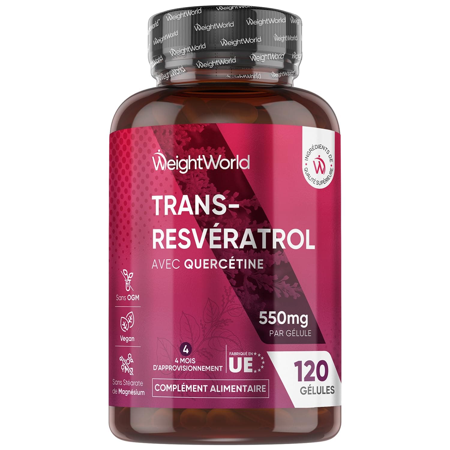Trans Resveratrol (98%) avec Quercétine 550mg, 120 Gélules Vegan pour 4 Mois Source de Vitamine C, Resveratrol Polyphenols Renouée du Japon avec Sophora Japonica sans Stéarate Magnésium