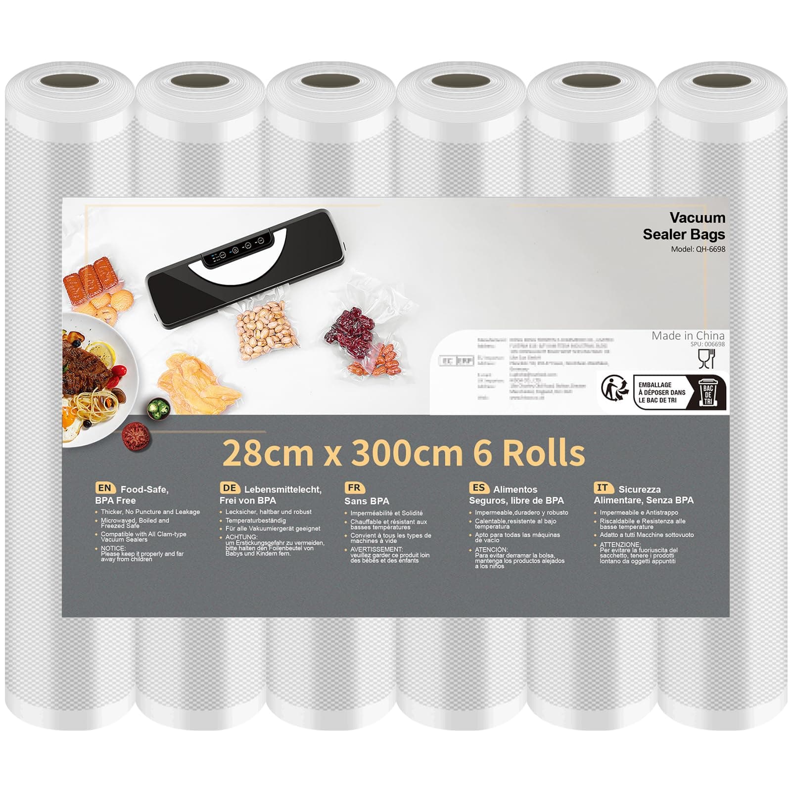 Rouleau Sous Vide Alimentaire, Sac Sous Vide Alimentaire pour L'appareil de Mise Sous Vide, 6 Rouleaux 28x300cm, Film Sous Vide Alimentaire sans BPA | 6 Rouleaux 28x300cm