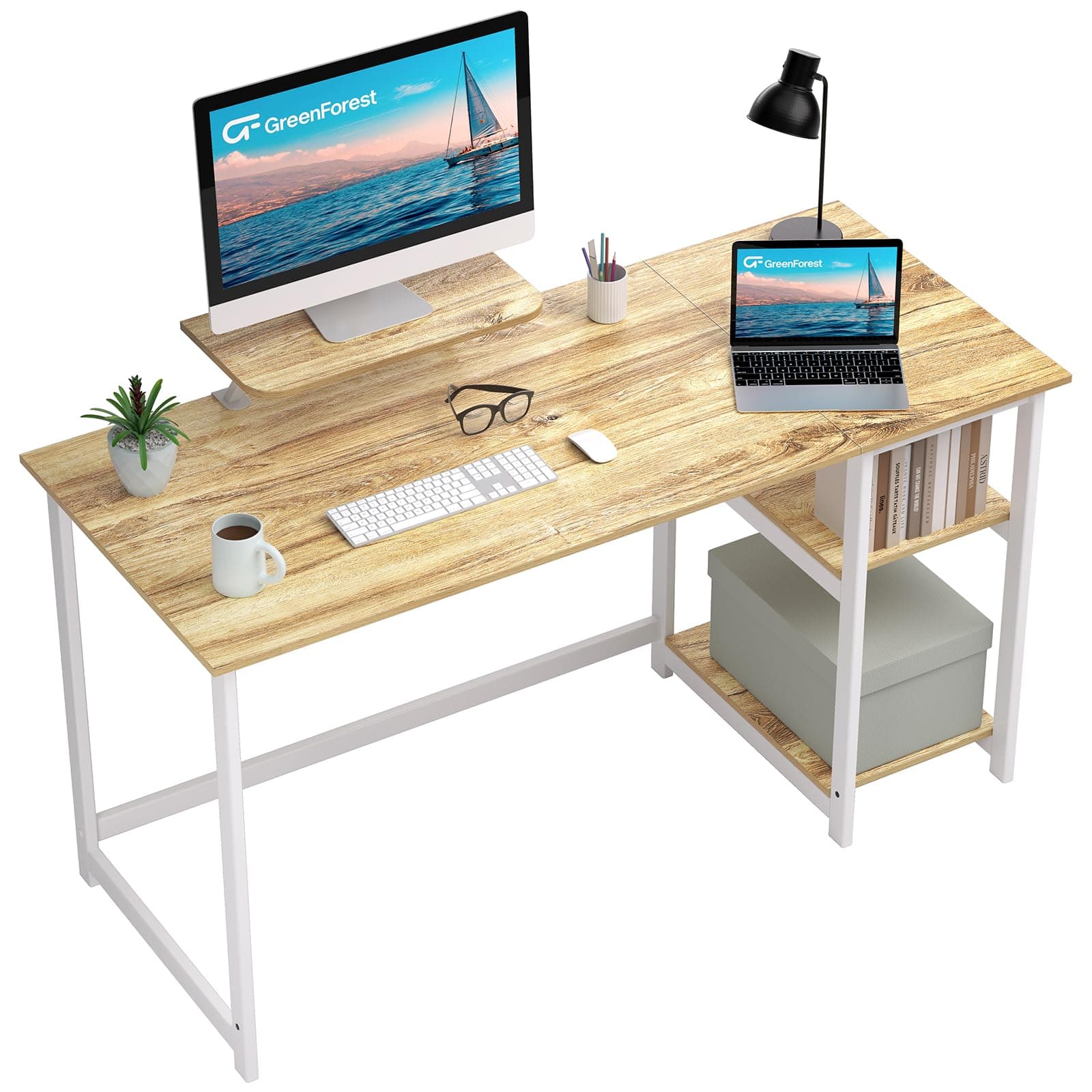 GreenForest Escritorio de Computadora con Reversible Estantes de Almacenamiento, Mesa de Oficina para Ahorro de Espacio y, Mesa de Estudio Pequeña para Sencillo Montaje,Beige