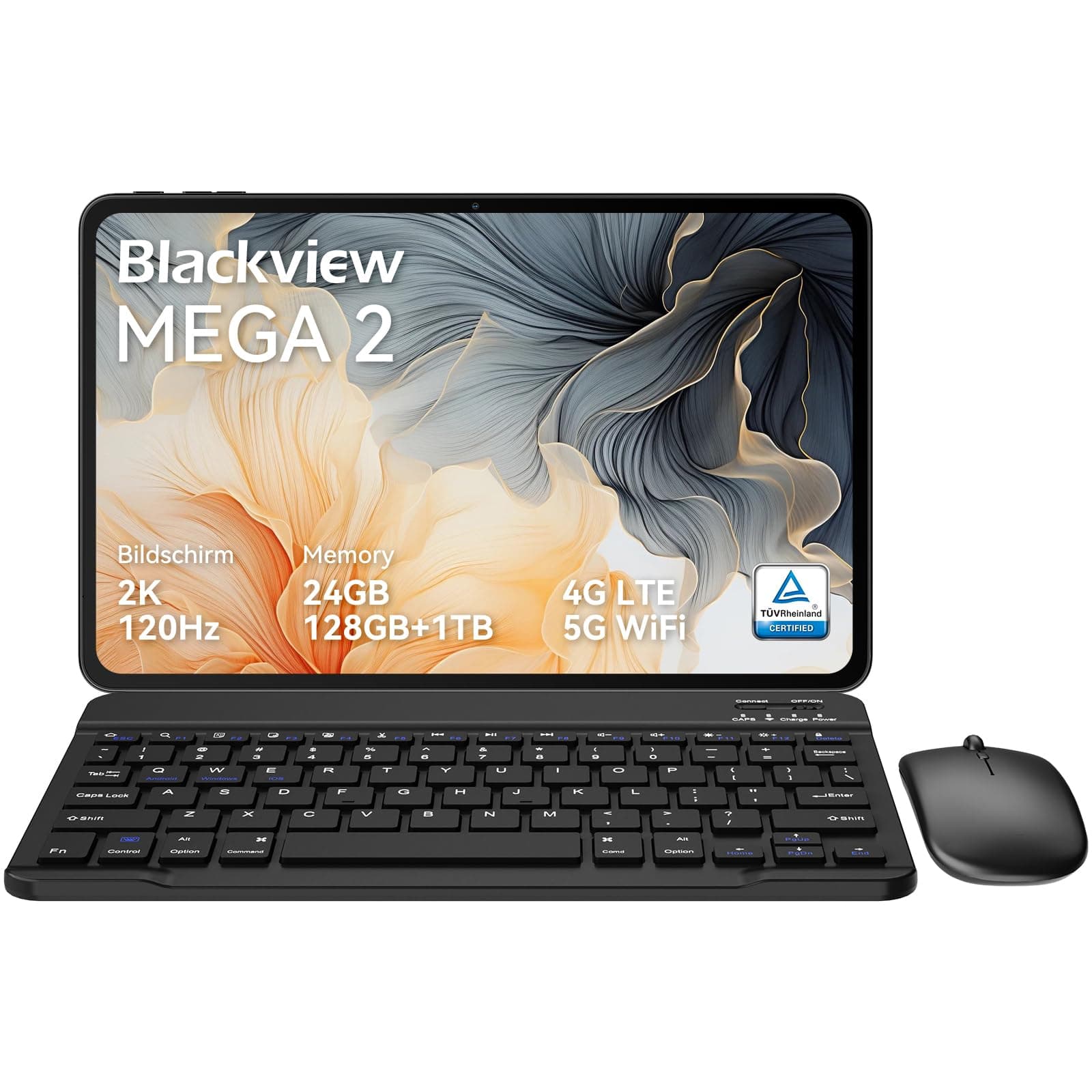 Blackview Mega2 Tablet 12 Zoll Android 15 Tablets, 24GB RAM+128GB ROM, 120HZ 2K FHD Gaming Tablet mit Tastatur Maus Stift Kopfhörer, 4G LTE+5G WiFi, 9000 mAh, WideVine L1, Dual Kamera, Face ID, Gray