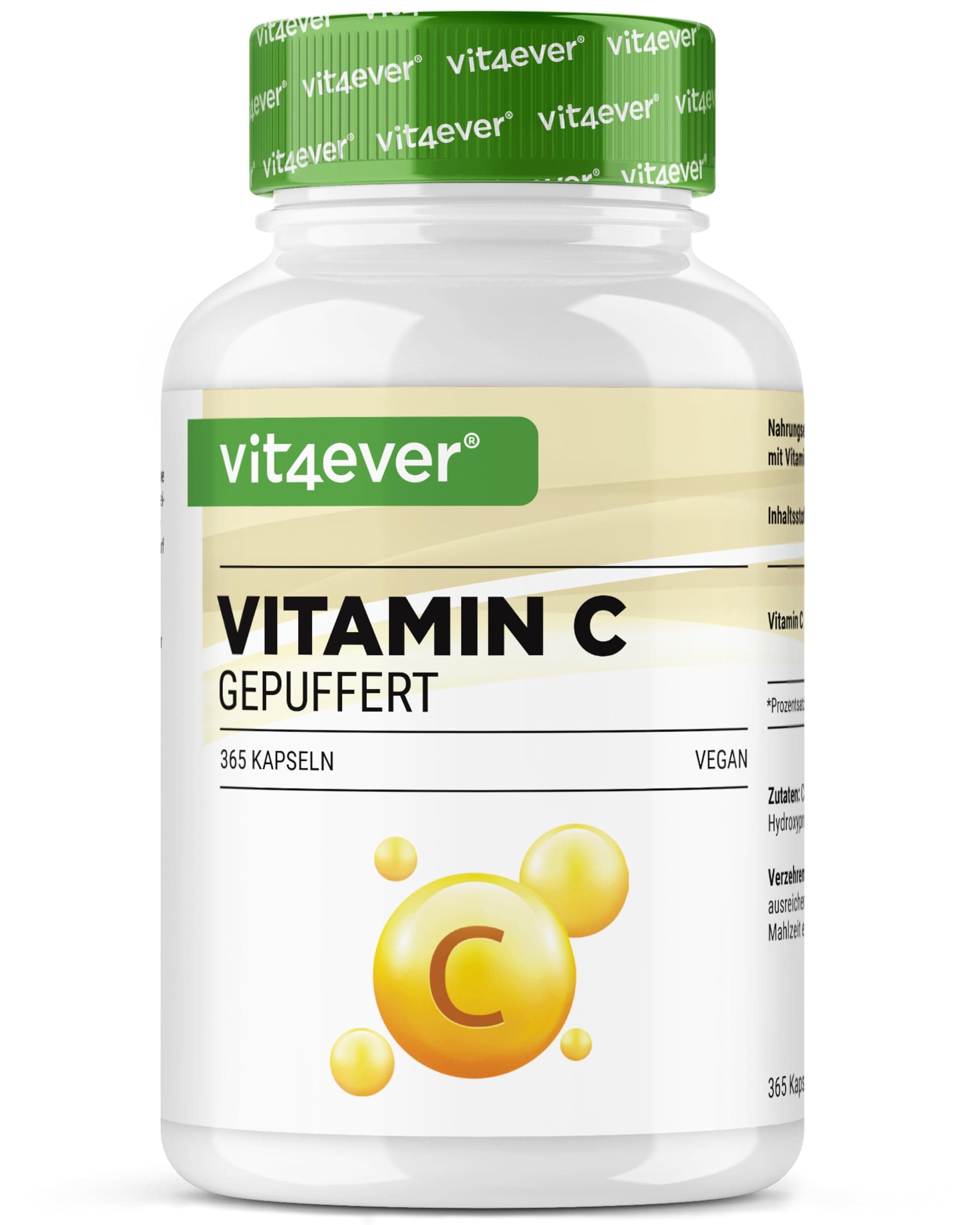vit4ever Vitamin C gepuffert - 365 Kapseln - Hochdosiert mit 1000mg Vitamin C - Pflanzlich fermentiert (pH-neutral, säurefrei, magenschonend) - Vegan