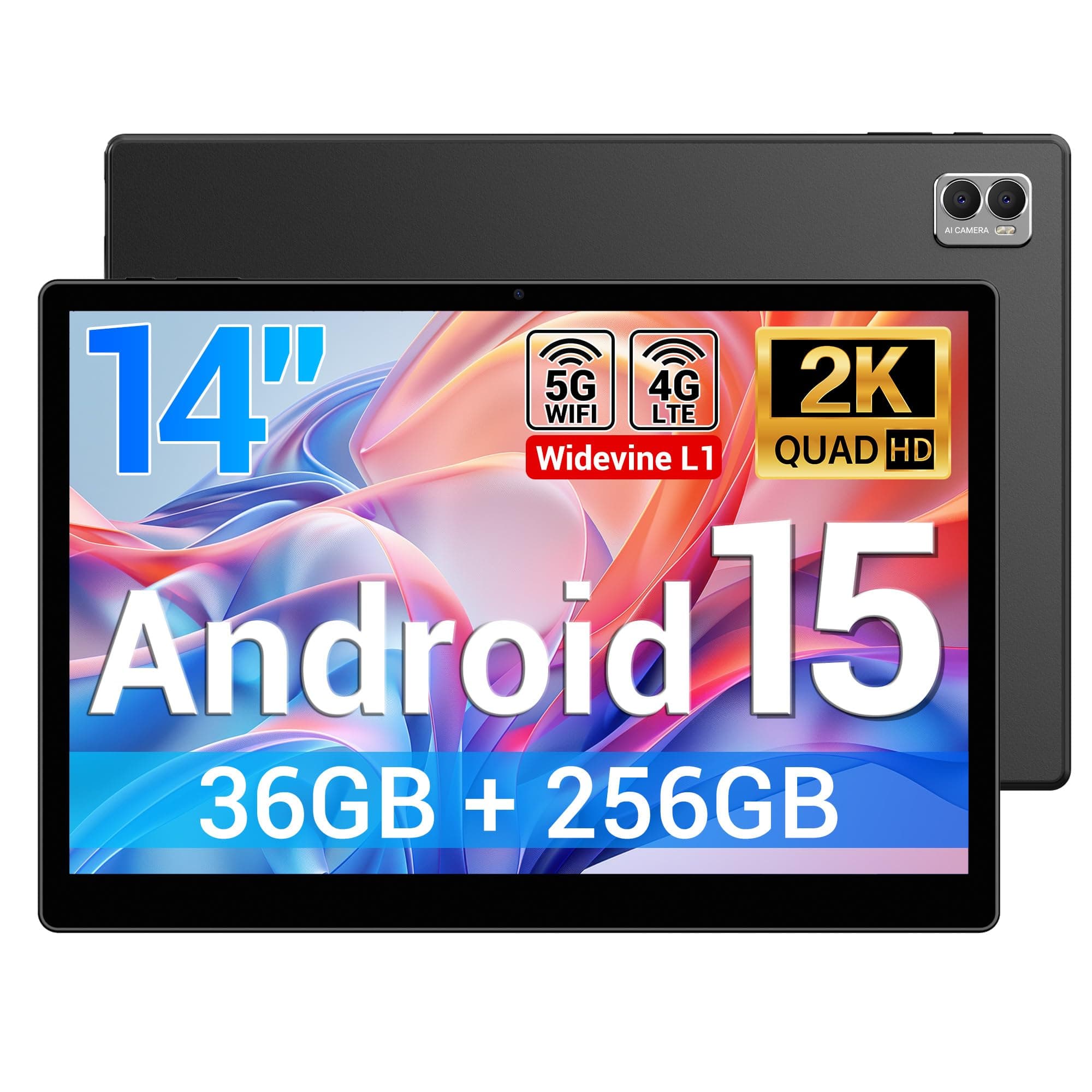 BEYNIVAN Tablet 14 Pulgadas Android 15 Tableta con 4G LTE y 5G WiFi,11580mAh y 20W,36GB RAM+256GB ROM/2000 * 1200 FHD/Face ID/GPS/BT 5.0/TÜV/USB-C,Tablet con Lapiz,Nero