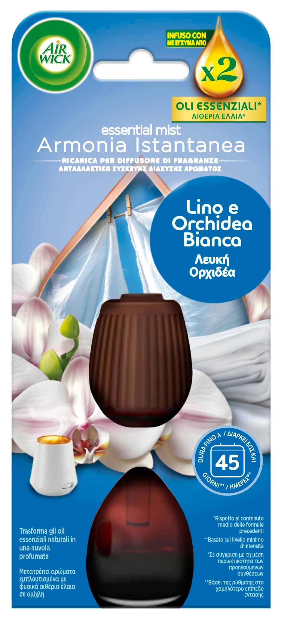 Airwick Ricariche per Diffusore di Oli Essenziali, 1 Ricarica per Profumatore per Ambienti alla Fragranza Lino e Orchidea Bianca con Oli Essenziali, L'imballaggio può variare