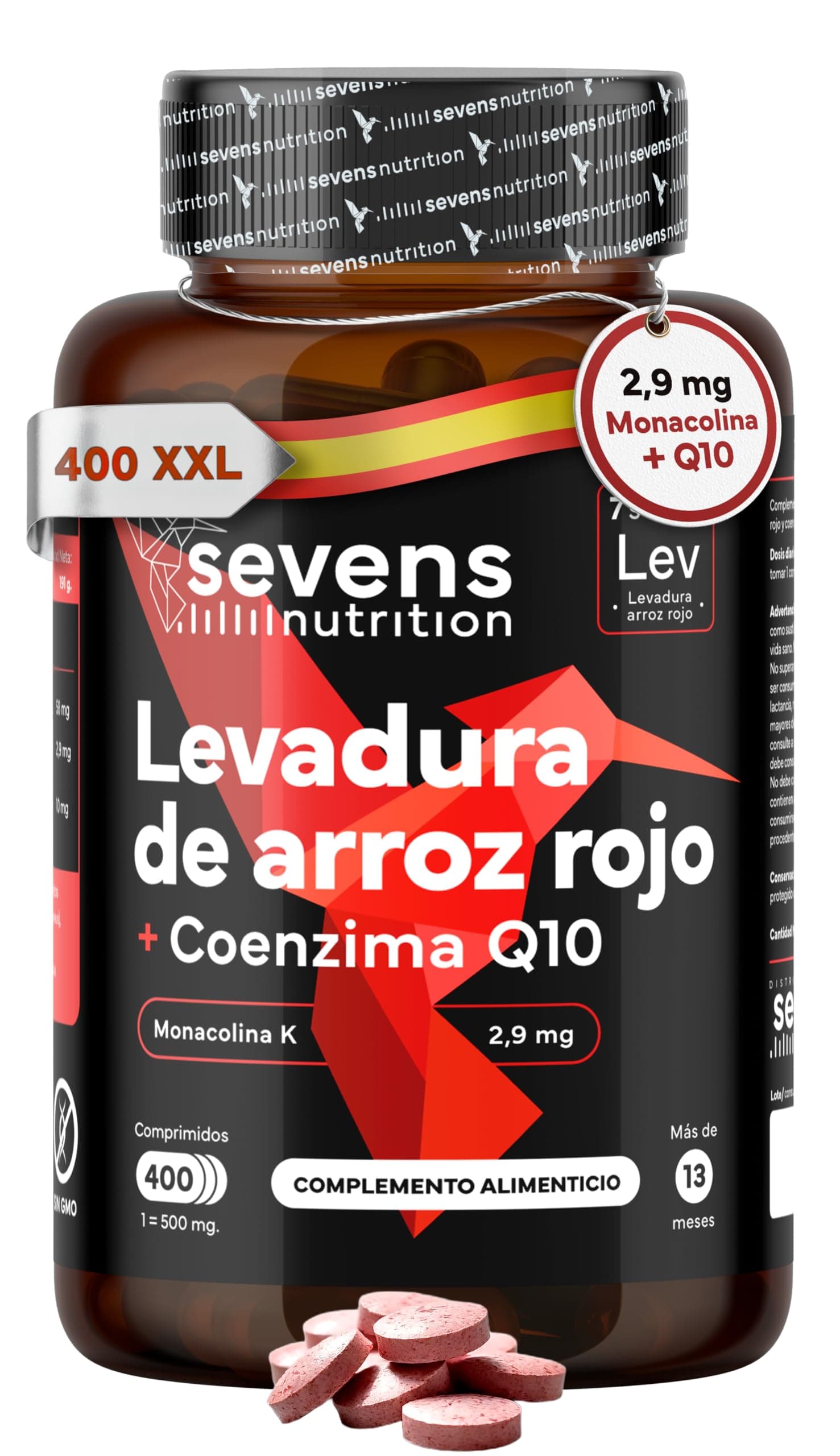 Levadura de Arroz Rojo - 400 Comprimidos Premium - 2,9mg Monacolina K y Coenzima Q10 – Red Yeast Rice - Baja el Colesterol – Alta Concentración – Natural, Sin Gluten ni Lactosa - Hecho en España