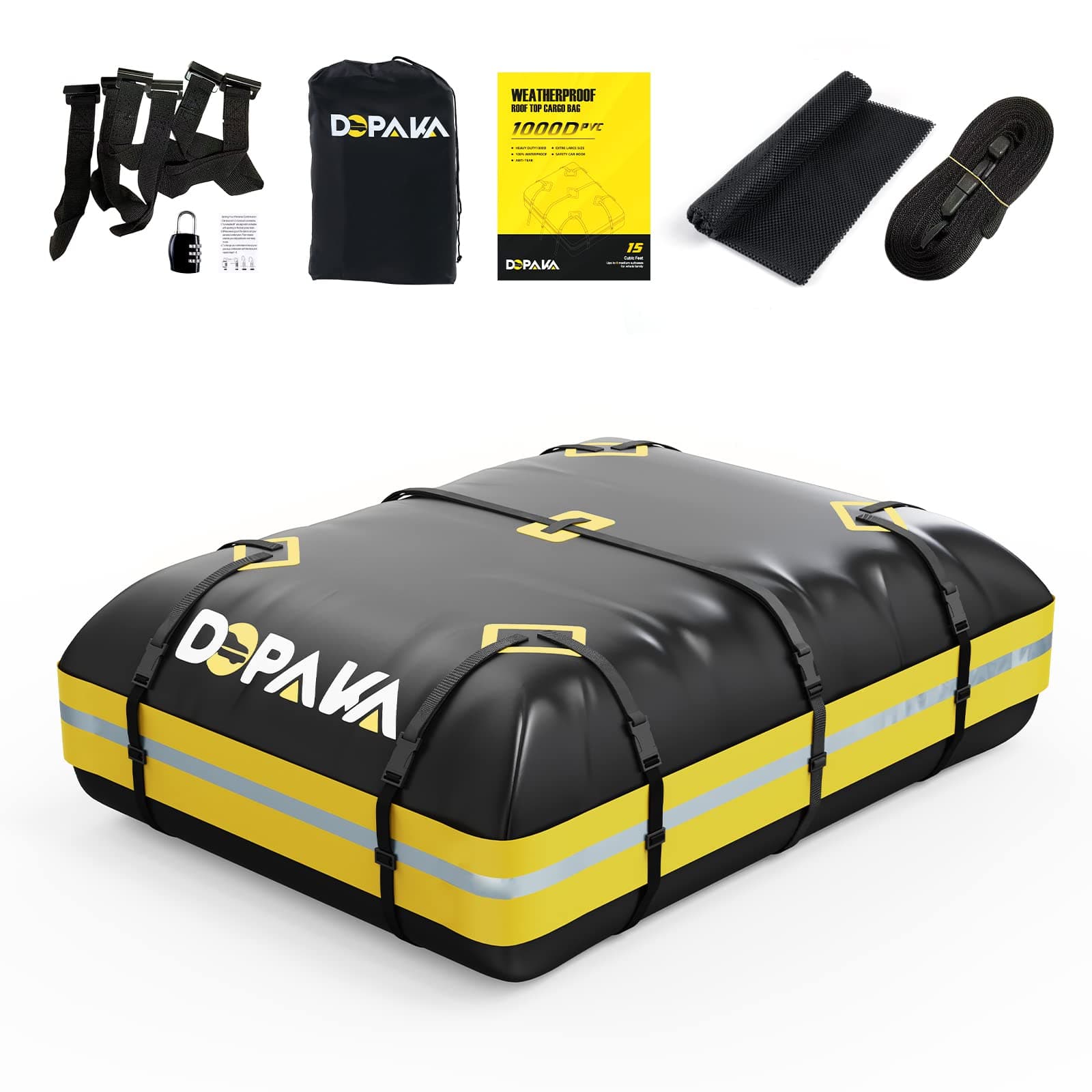 Borsa portapacchi da tetto impermeabile al 100% resistente, 1000D per auto, 15 piedi cubici per tutti i veicoli con/senza rack,tappetino antiscivolo anti-strappo, 6 ganci per porte