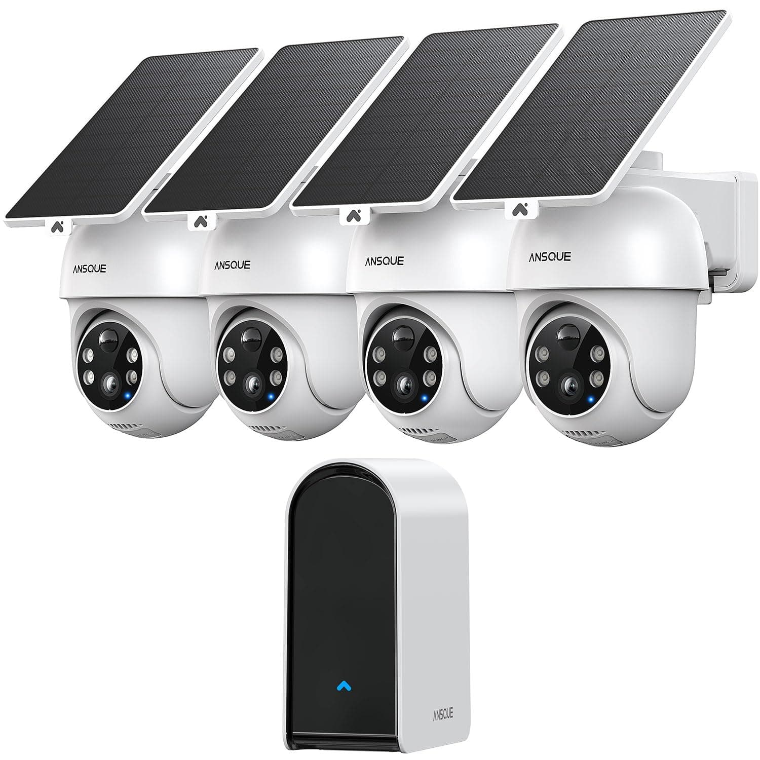 ANSQUE 2K Camera Surveillance WiFi Exterieure sans Fil Solaire à Batterie, Kit 4 Caméras avec Home Station, Zéro Frais, PTZ 360°, Suivi Automatique, Vision Nocturne en Couleur, Alarme Lumineuse Sonore