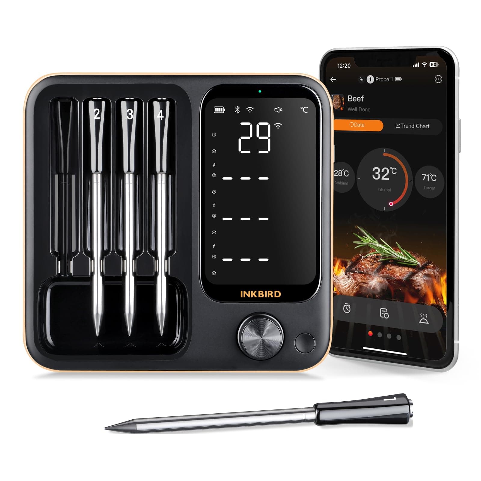 INKBIRD Termometro Carne Wireless con 4 Sonde per Forno,Cucina, Barbecue,Termometro BBQ con APP INT-14-BW,WiFi e Bluetooth,Impermeabile,Istruzioni in italiano