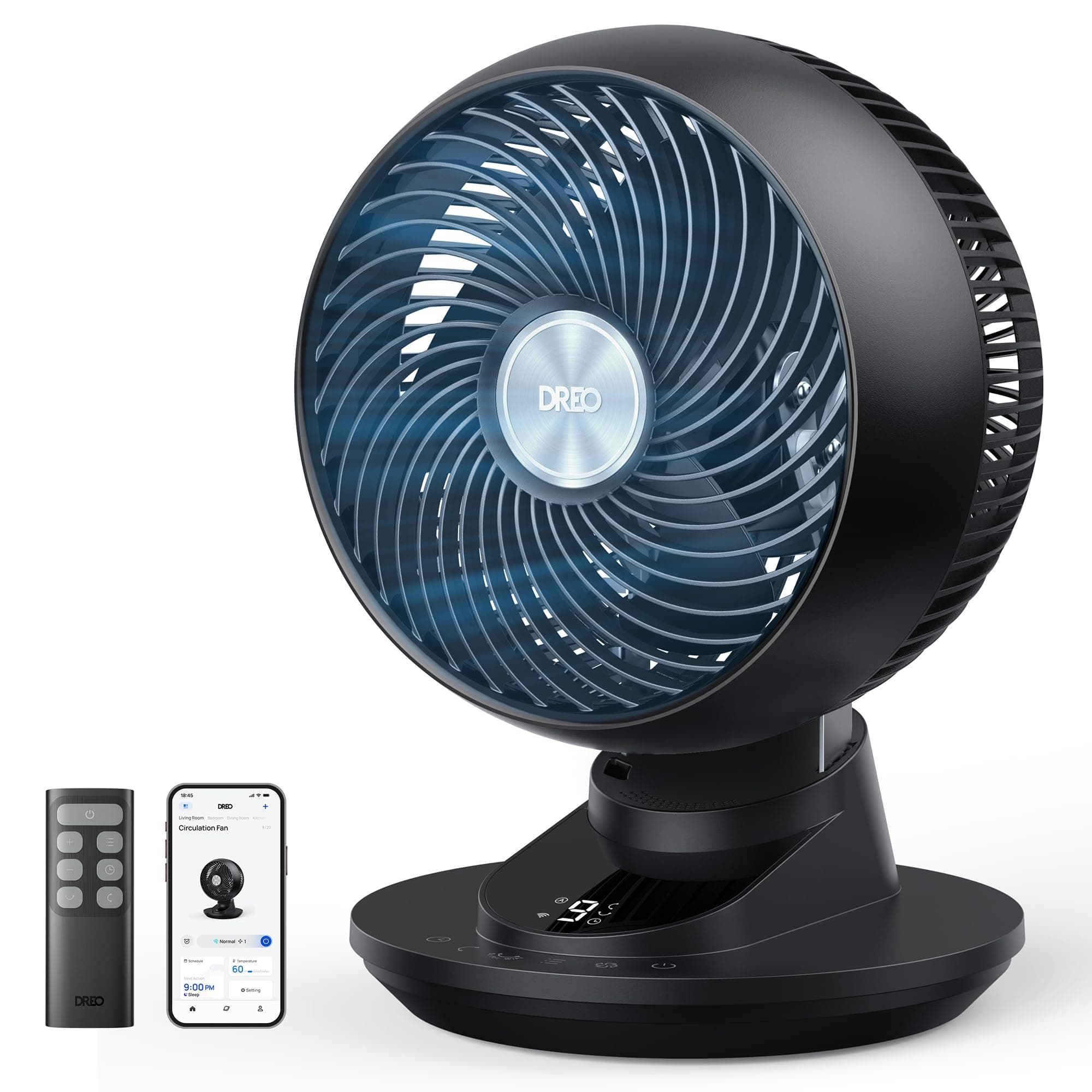 DREO ventilateur de table intelligent 3D pour chambre, flux d’air puissant 8,8 m/s, ultra silencieux 22 dB, oscillation 90°, contrôle app et vocal, 9 vitesses, minuterie 8/12 h pour maison et bureau.