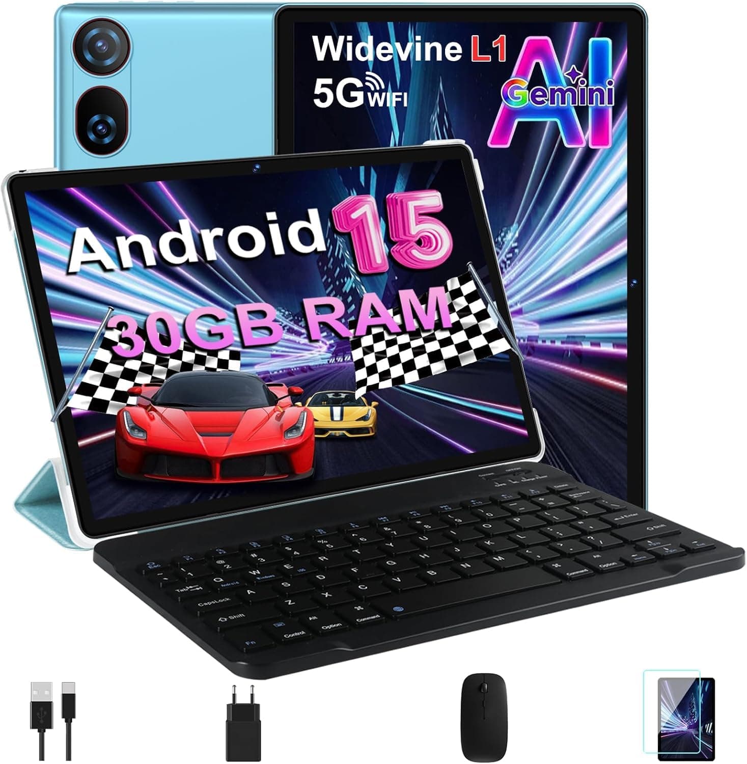 DMOAO Tablet 10 Pulgadas Android 15 con Gemini AI, 30 GB RAM + 2 TB ROM Expansión, 5G WiFi, GPS, Widevine L1, Octa-Core, BT 5.0, 6000mAh, USB-C, FHD Tablet con Teclado+ Ratón + Funda, Azul