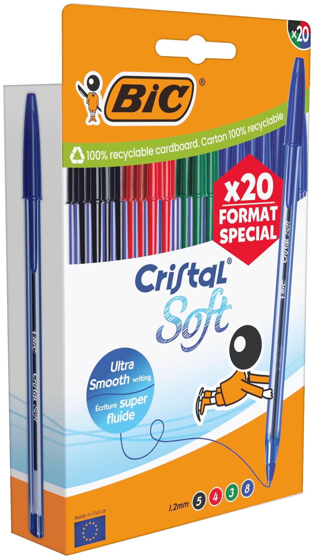 BIC Cristal Soft Stylos-bille Pointe Moyenne (1,2 mm) Édition Spéciale - Couleurs d’encre assorties, pack de 20