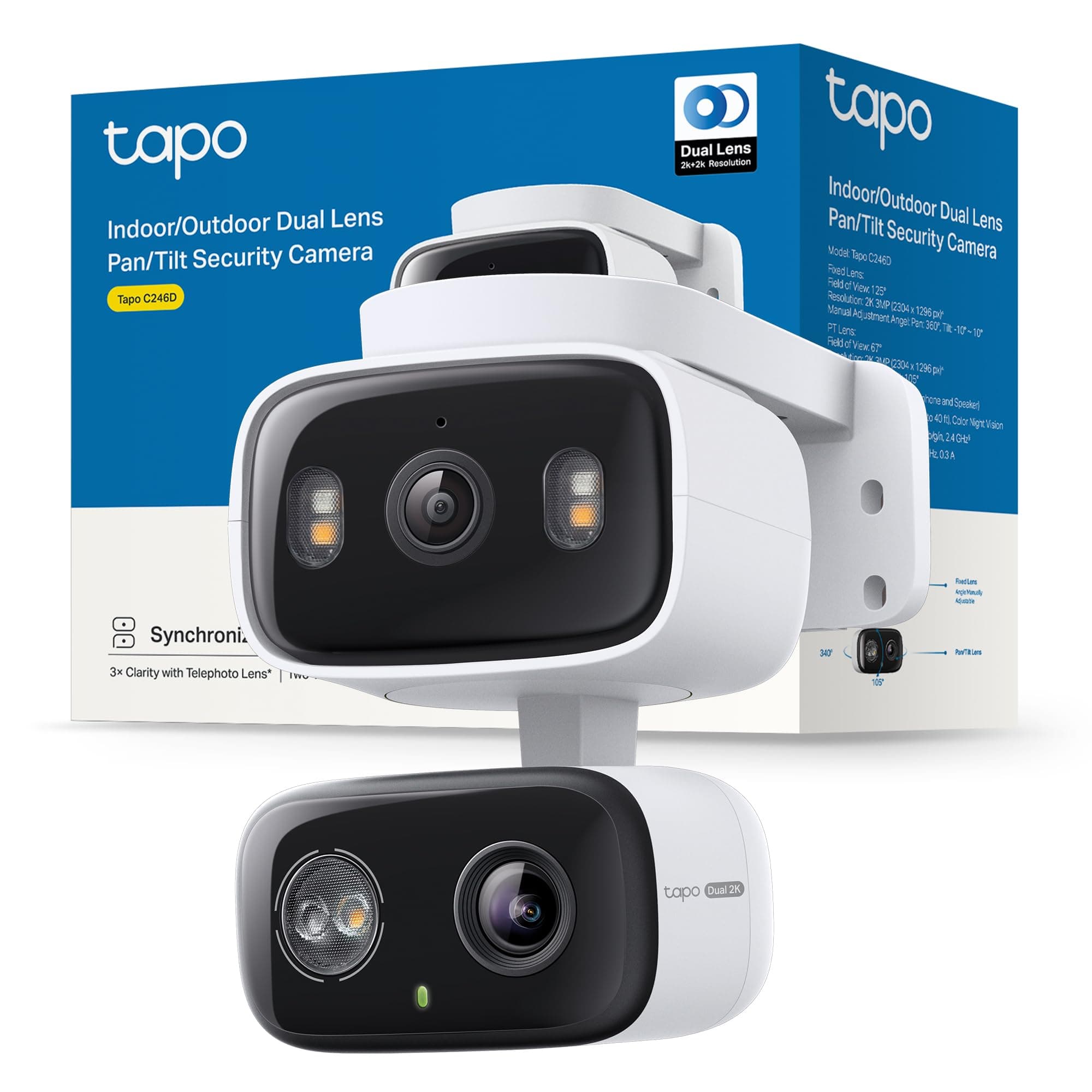 Tapo C246D Outdoor WiFi Surveillance Camera with 2K Dual Lens, 125° Wide Angle and 6mm Telephoto Lens, Smart Tracking, Free AI Detection, Color Night Vision