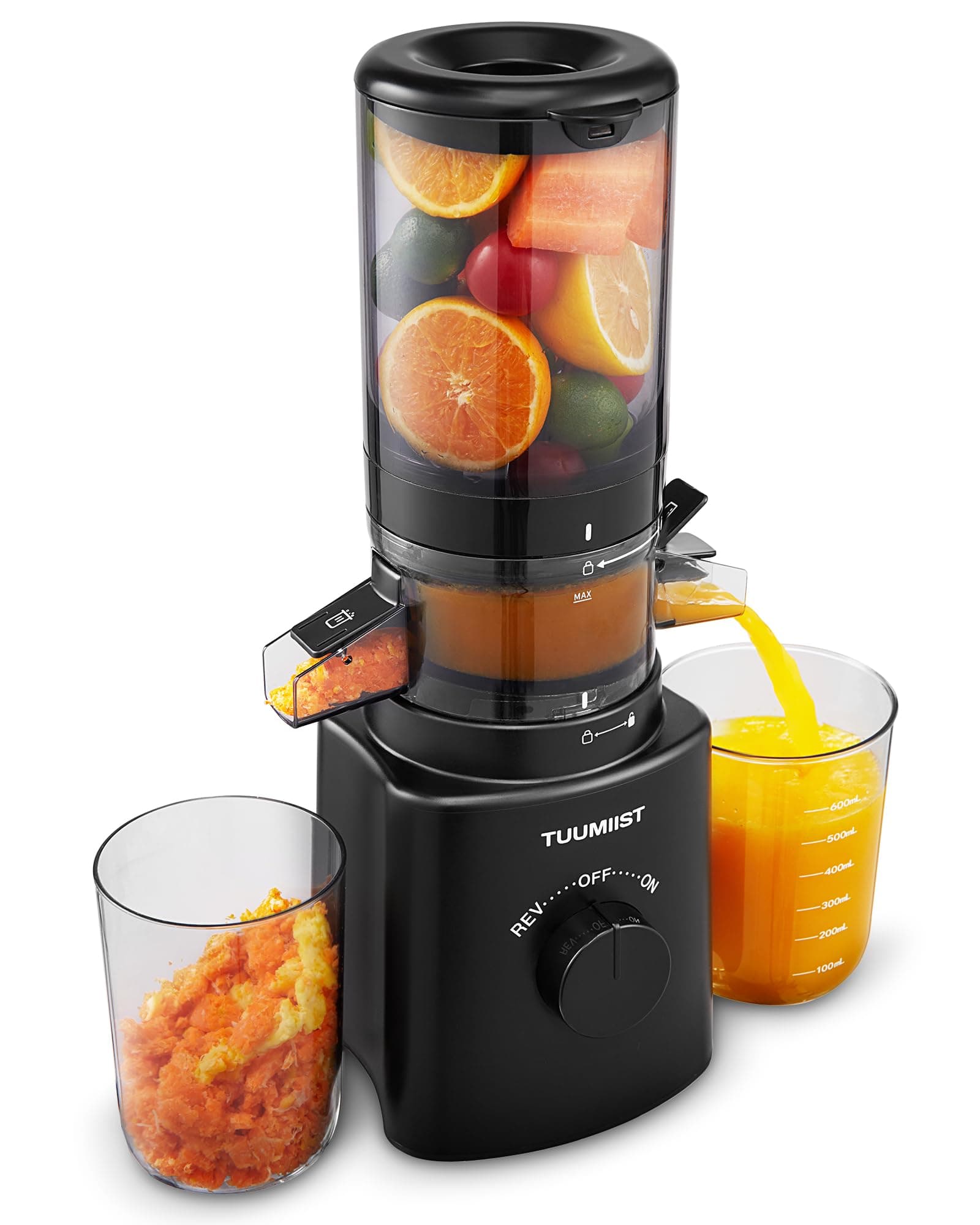 TUUMIIST Estrattore Frutta e Verdura 120 mm, 0,8L Estrattore di Succo, Centrifuga Frutta e Verdura, 99% Nutrienti Preservati, Senza BPA, Nero