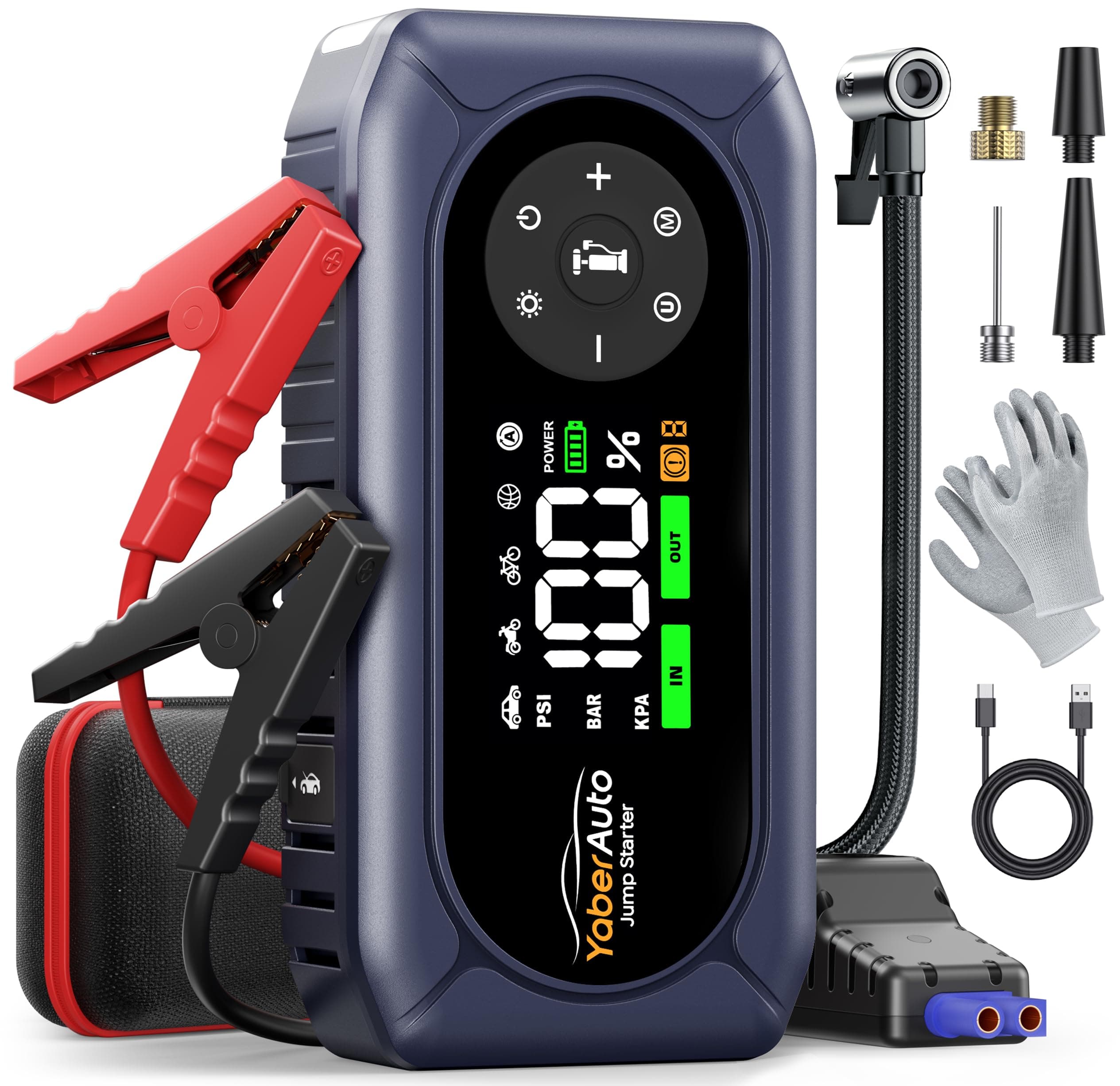 9 in 1 Booster Avviamento Auto 6500A con Compressore 150PSI, YaberAuto Avviatore Batteria Auto per 9.0L Gas/8.0L Diesel, 12V Starter Batteria, Guanti isolanti, 500 lumen Torcia