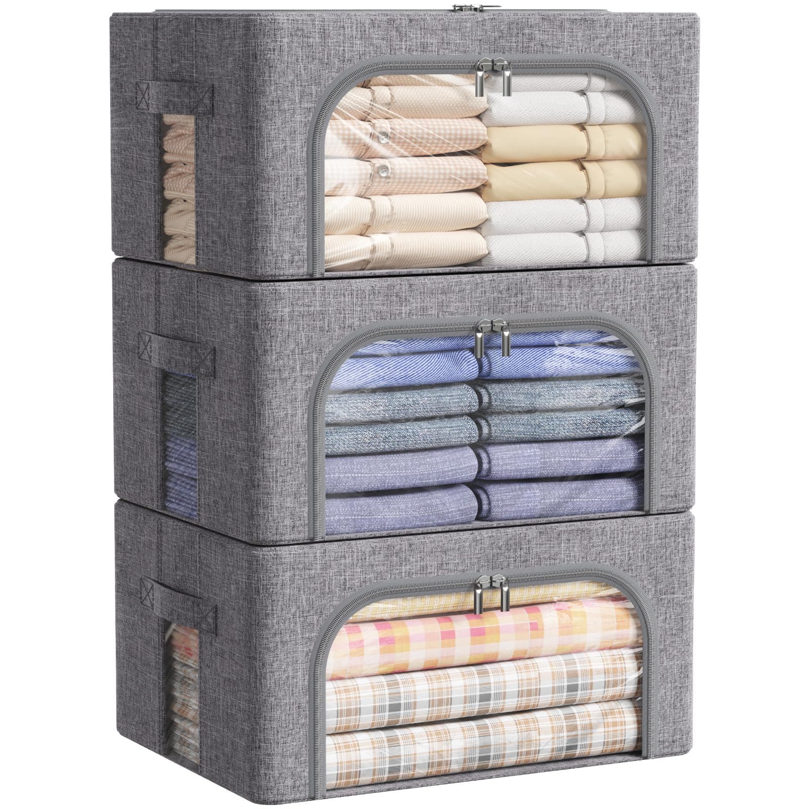 Lifewit 3 pezzi Scatole per Armadio Rigide con Cerniera, Organizzatore Armadio con Struttura in Metallo Pieghevole, Contenitori per Armadio Impilabili per Vestiti, Trapunte, Piumone, Grigio, 25L