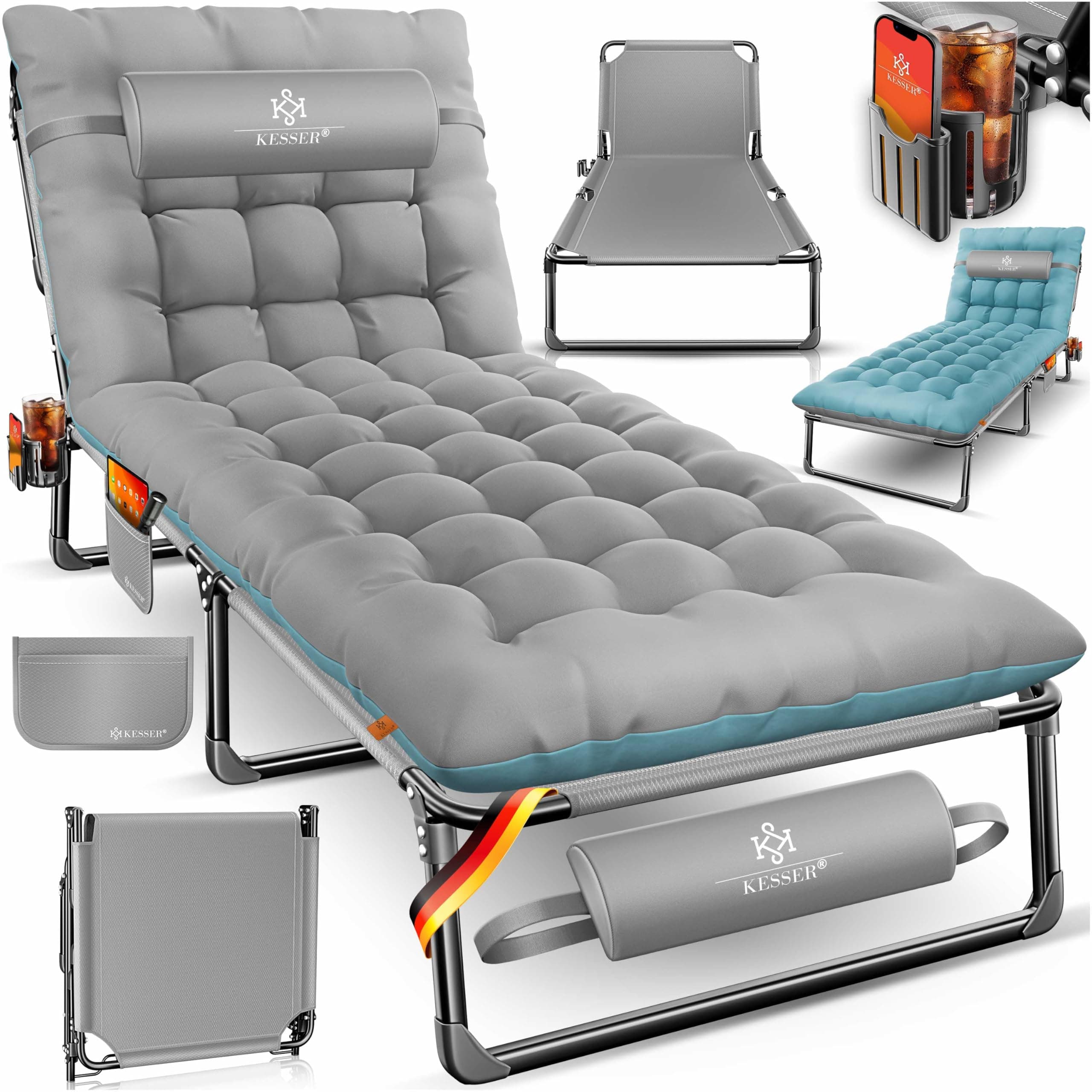 KESSER® Campingbett klappbar mit Premium Polsterung 190 x 68 x 30 cm, Feldbett bis 250 kg, Campingliege + Kissen, Seitentasche & Getränkehalter, Klappbett Gästebett + Tasche für Camping, In- & Outdoor