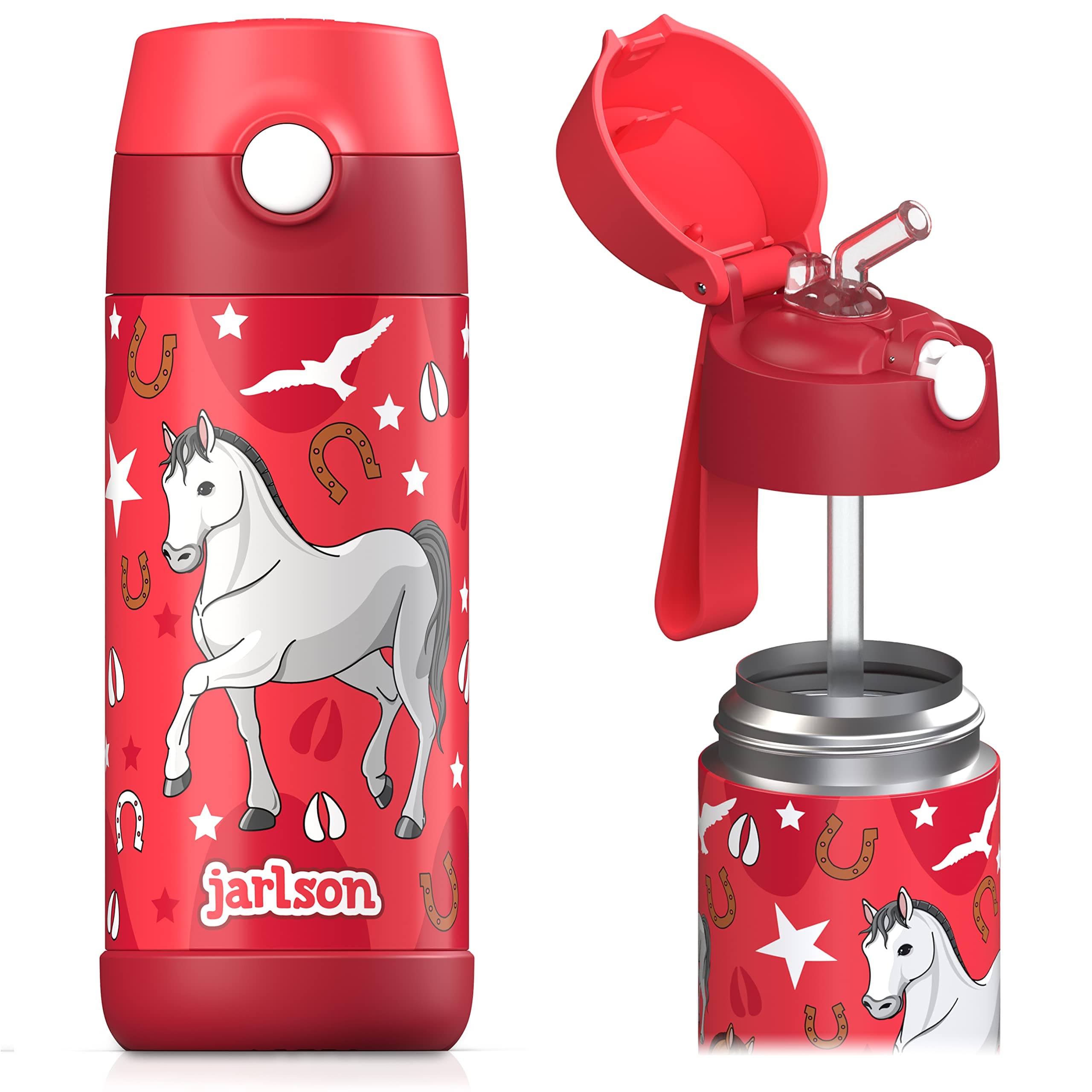 Jarlson® Borraccia Termica Bambini 350ml CHARLI [CON CANNUCCIA] - Bottiglia Acciaio Inox - Termos per Bambini e Bambine - Mantiene Freddo - Senza BPA - Ideale per Scuola, Sport e Viaggi (Cavalla)