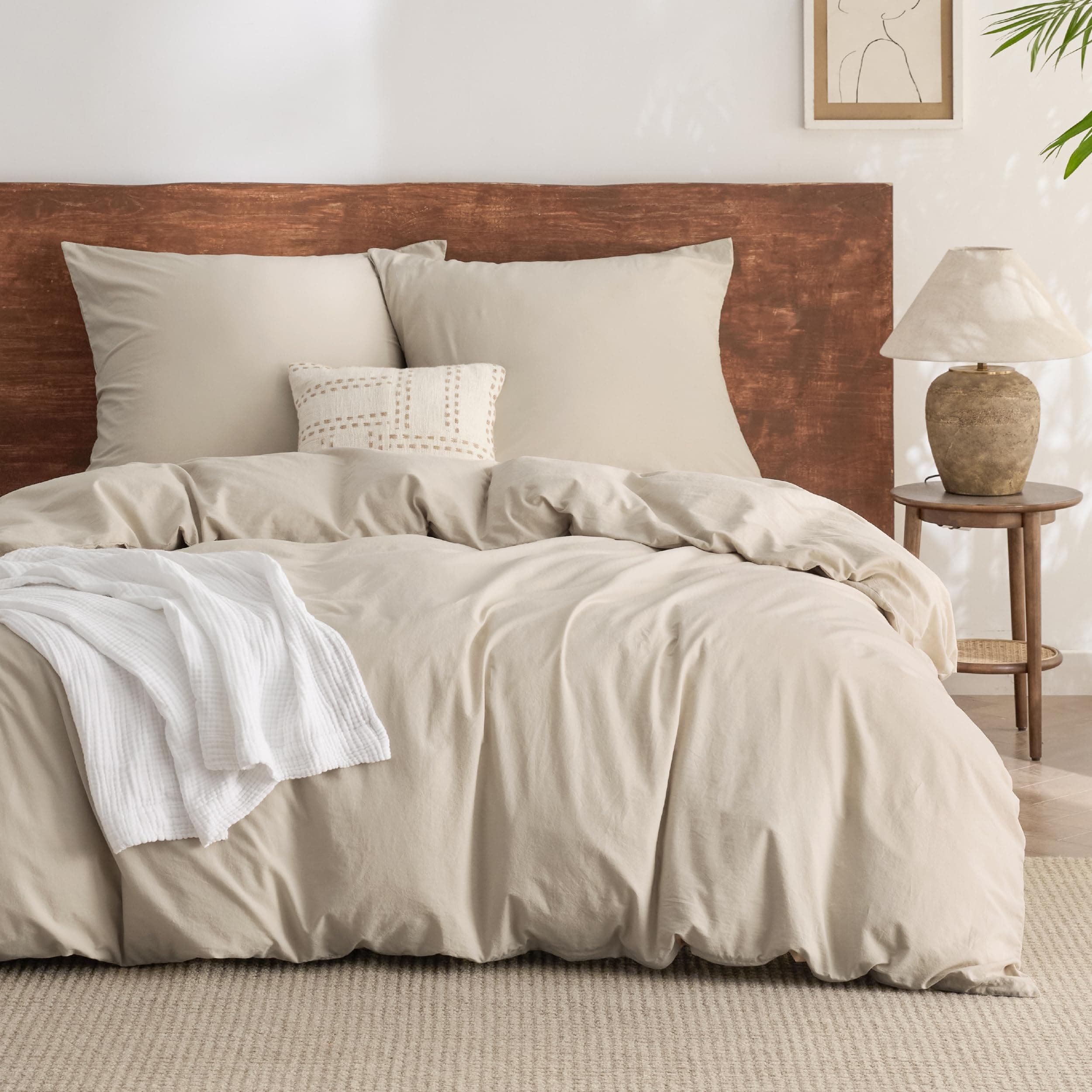 BEDSURE Bettwäsche 155x220 Baumwolle 3teilig - Bettwäsche-Sets Beige Bettbezug mit 2 Kissenbezüge 80x80 cm, Ähnliche Textur wie Washed Leinen, Oeko-TEX Bedding Set mit Reißverschluss