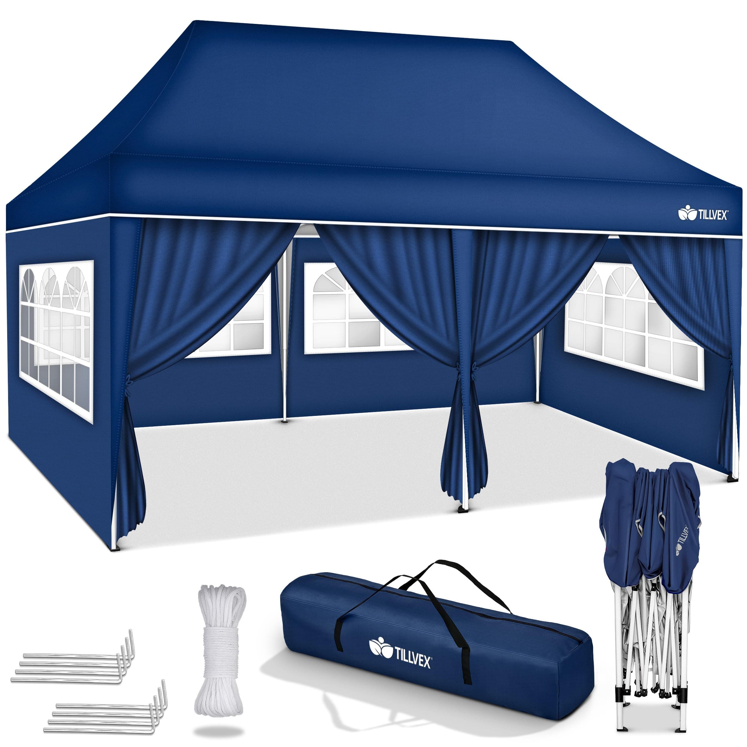 tillvex Gazebo 3x6m da Giardino | Gazebo pieghevole regolabile in altezza | Tenda Pop up impermeabile da protezione UV 50+ | Tenda Padiglione + Sacca di Trasporto (Blu - con 6 pannelli laterali)