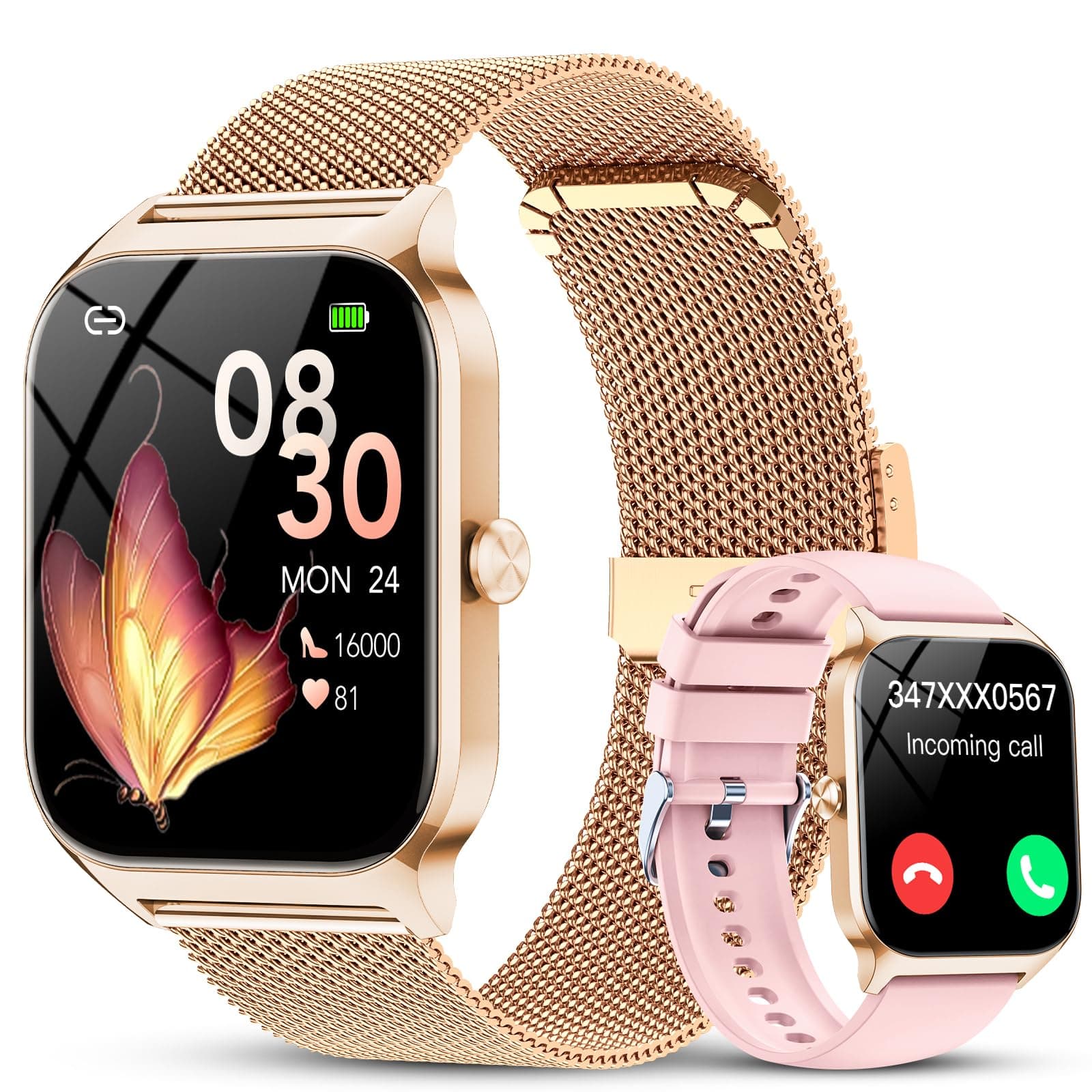 Smartwatch Donna,1.85'' Orologio Smartwatch con Chiamate Bluetooth/Assistente,120+ Sportive Smart Watch con Contapassi/Sonno/Cardiofrequenzimetro,IP68 Fitness Tracker per iOS Android, Oro e Rosa