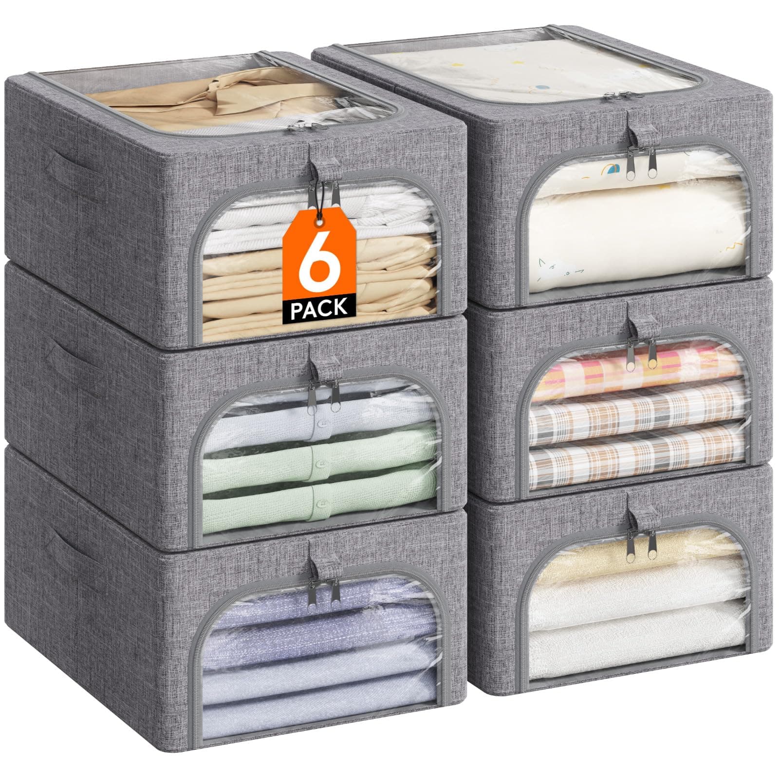 Lifewit 6 Pezzi Scatole per Armadio Rigide con Struttura in Metallo, Organizer Armadio con Finestra Trasparente, Pieghevole, Contenitori per Armadio Impilabili per Vestiti, Trapunte, Piumone, 25L