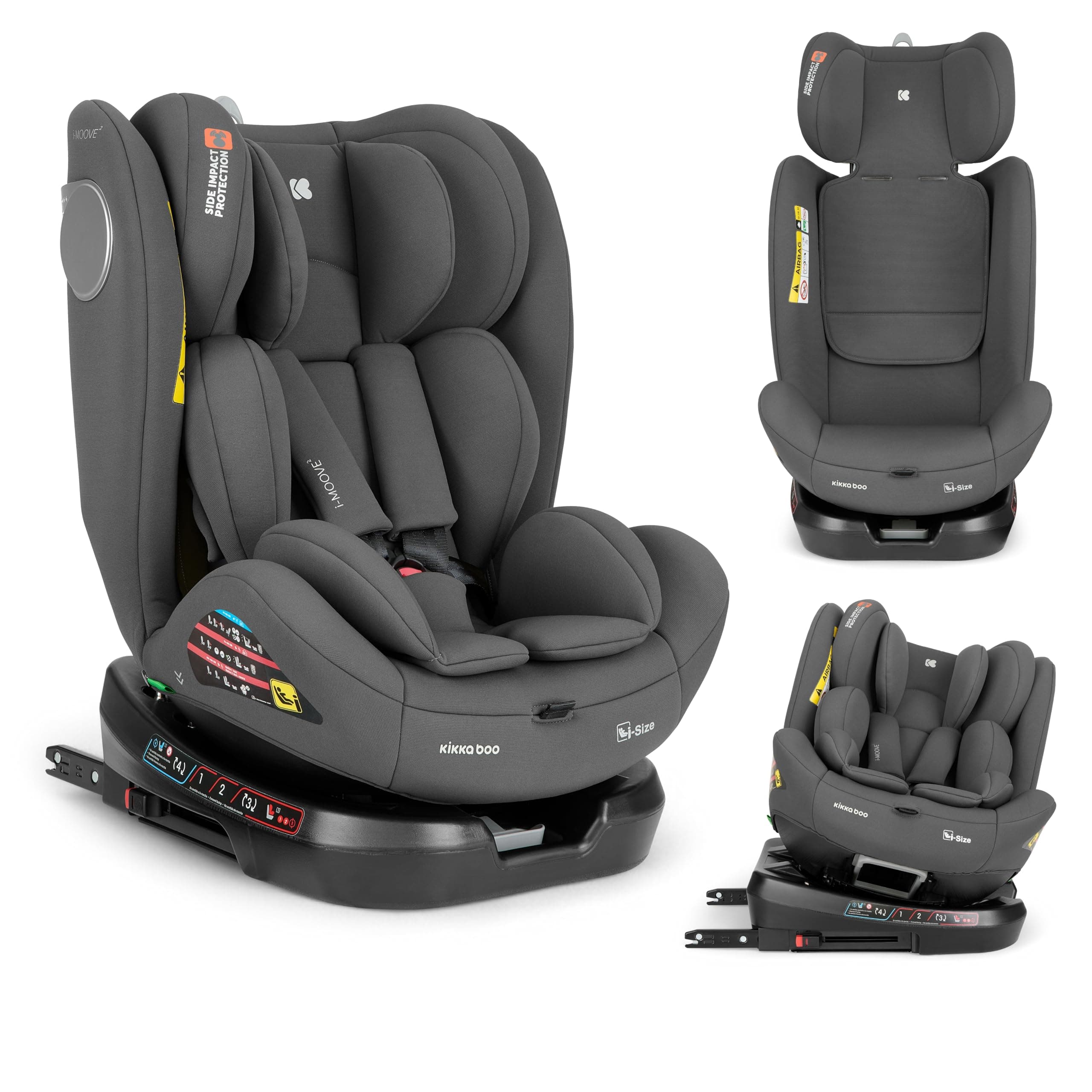 KikkaBoo Silla Coche Bebé Grupo 0 1 2 3 i-MOOVE 2, i-Size 40–150 cm con ISOFIX, 360° Giro, Reclinable, Reposacabezas Ajustable, Gris oscuro