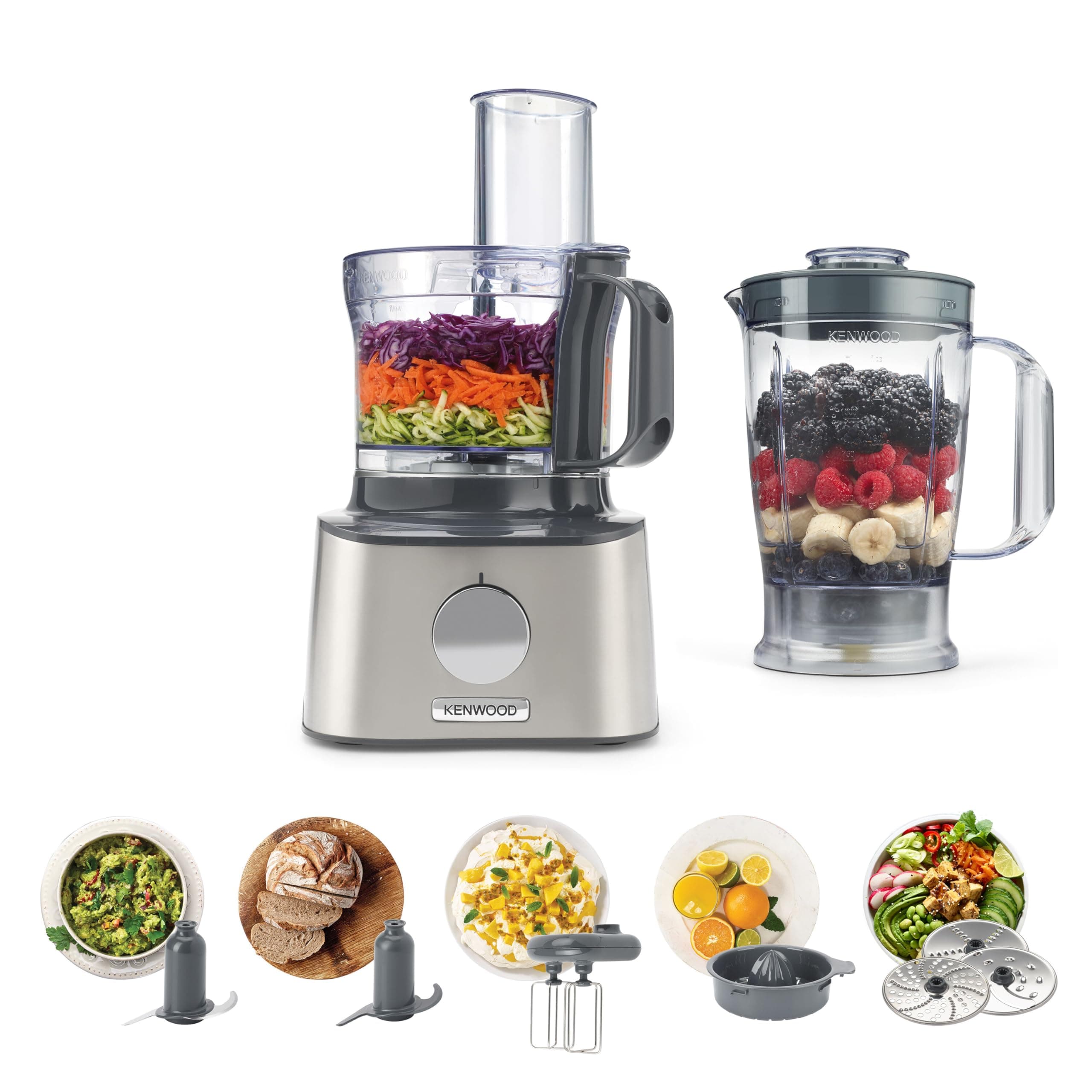 Kenwood Multipro Compact FDM301SS Robot da cucina con 2 velocità di Lavorazione+Pulse, Ciotola da 2,1L, Frullatore da 1.2 L, 3 Dischi in acciaio, sbattitore doppia frusta, Spremiagrumi