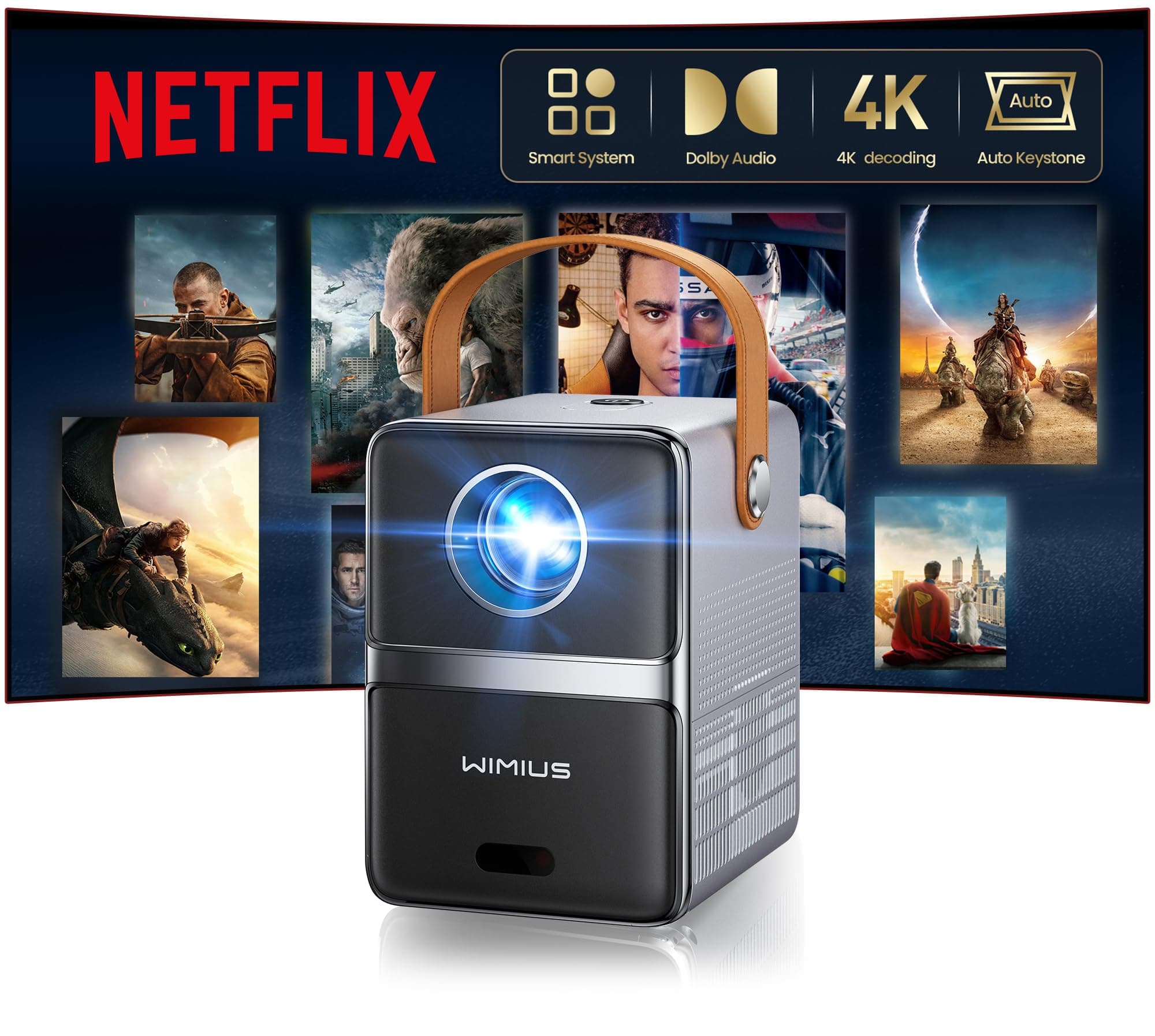 Mini Vidéoprojecteur 4K【Netflix Inclus/Dolby】 30000LM Projecteur Portable 4K Auto Keystone/E-Focus,Courte Focale Rétroprojecteur WiFi6 Bluetooth 1080P Projecteur Zoom 50% Home Cinéma/Extérieur/Arc