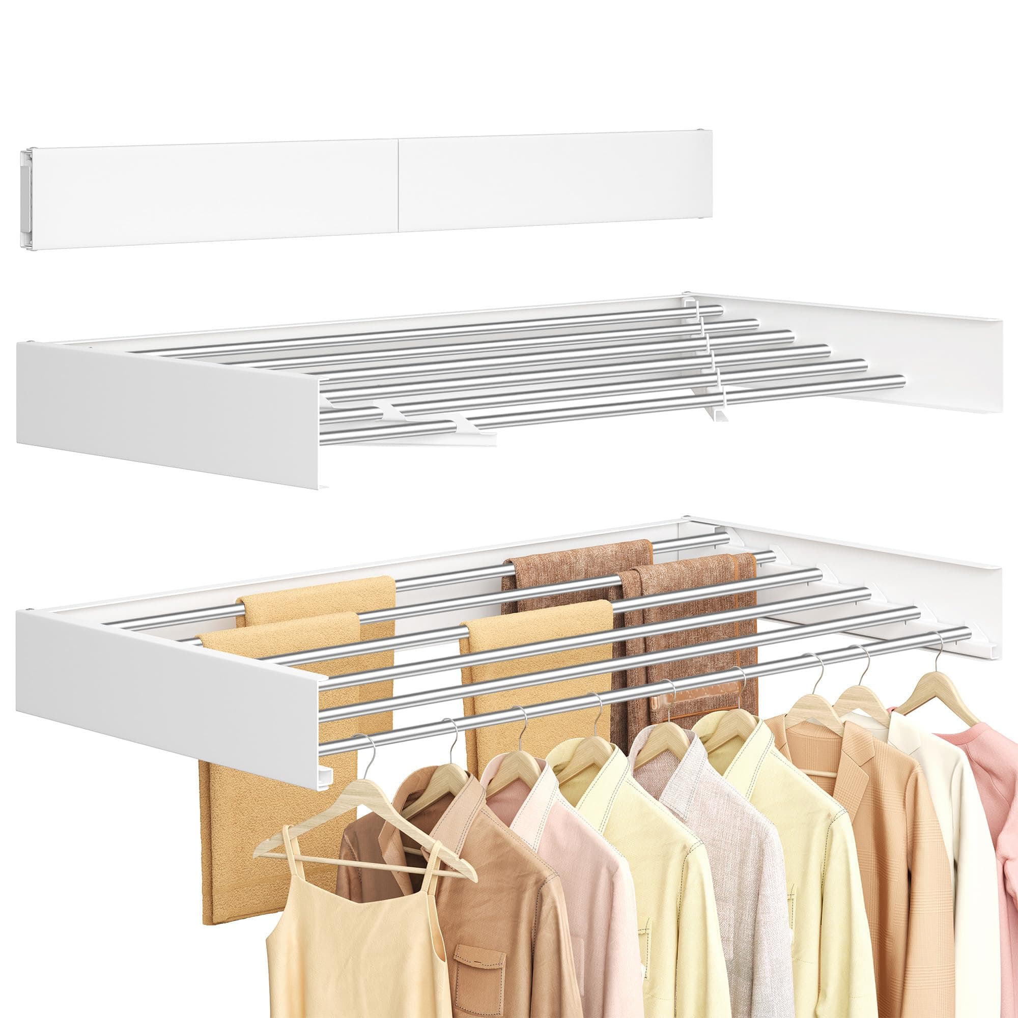 SONGMICS Étendoir à Linge Mural Rabattable, 6 Barres, 100 cm | Séchoir Pliable, Alliage d'Aluminium, Gabarit de Perçage, Intérieur, Extérieur, Blanc et Gris, Collection BUNJI LLR810WE01