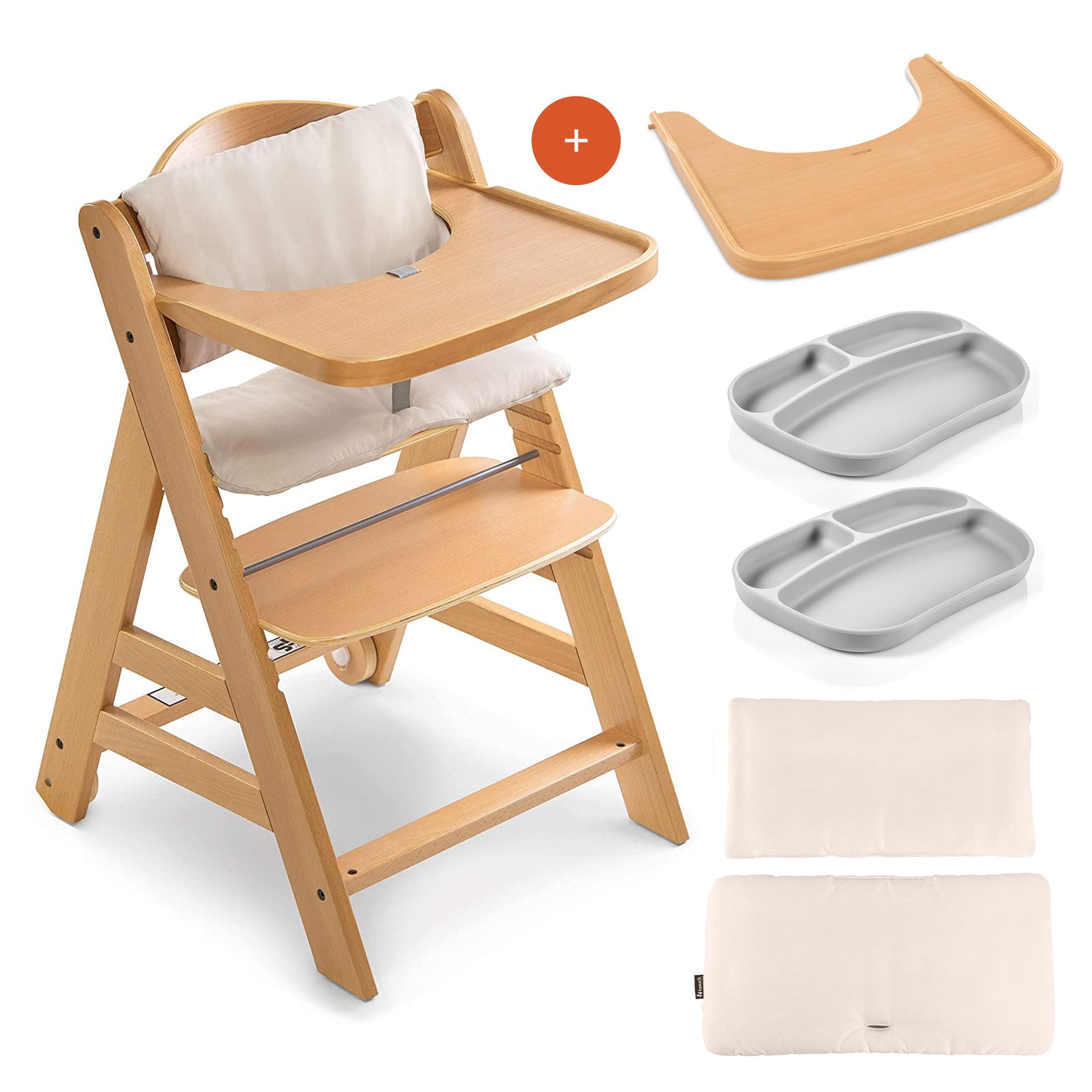 hauck Alpha Move Set de Trona Evolutiva Madera con Bandeja, Cojín y 2 Platos de Silicona, Tronas de Bebe Evolutiva con Ruedas, Silla Bebe Comida - Natur/Beige