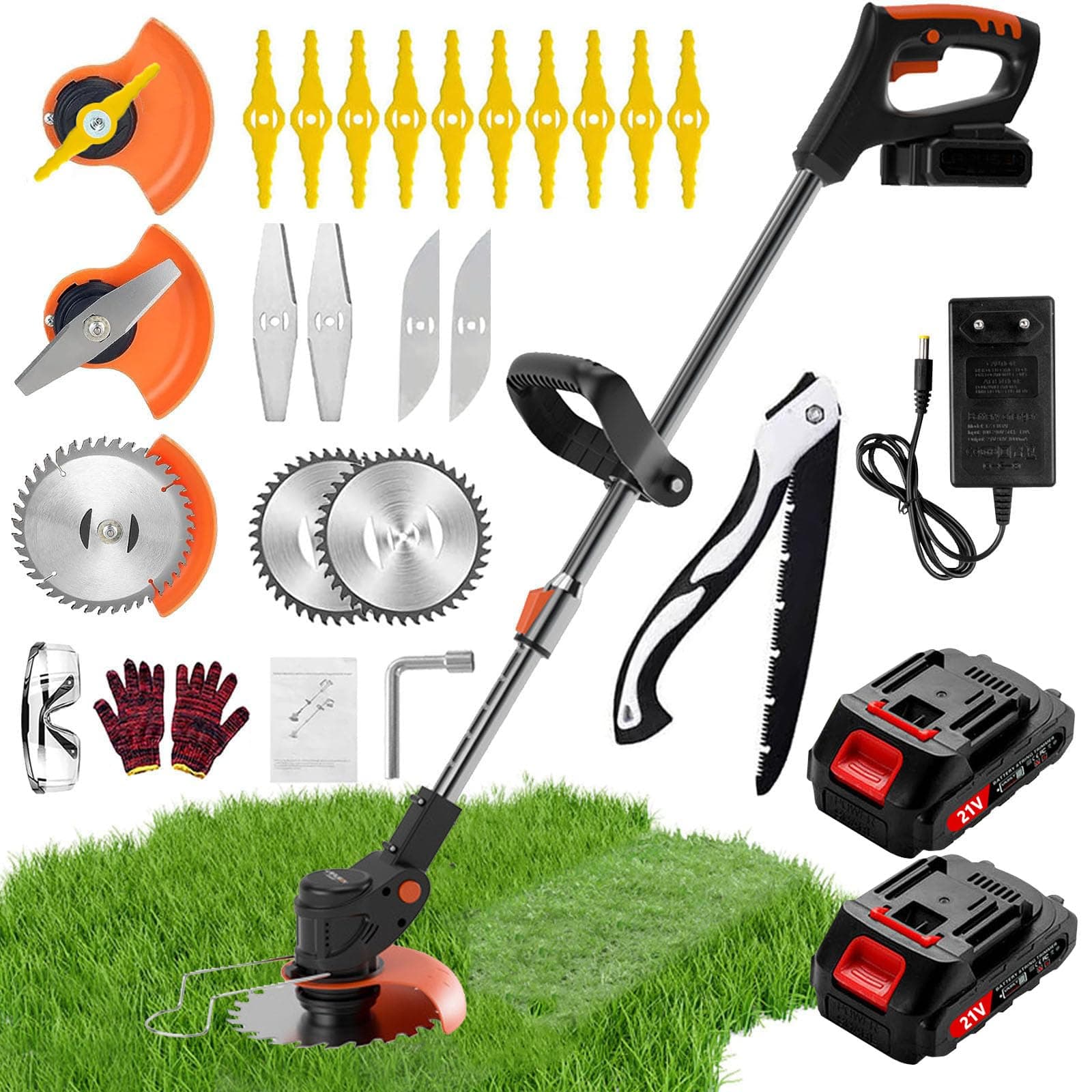 Debroussailleuse Electrique sans Fil, Coupe Bordure sans Fil avec Batterie avec 4 Types De Lames, Debroussailleuse Batterie Livré avec 2 Batteries 21V Et Un Chargeur, Utilisez Une Pelouse Domestique