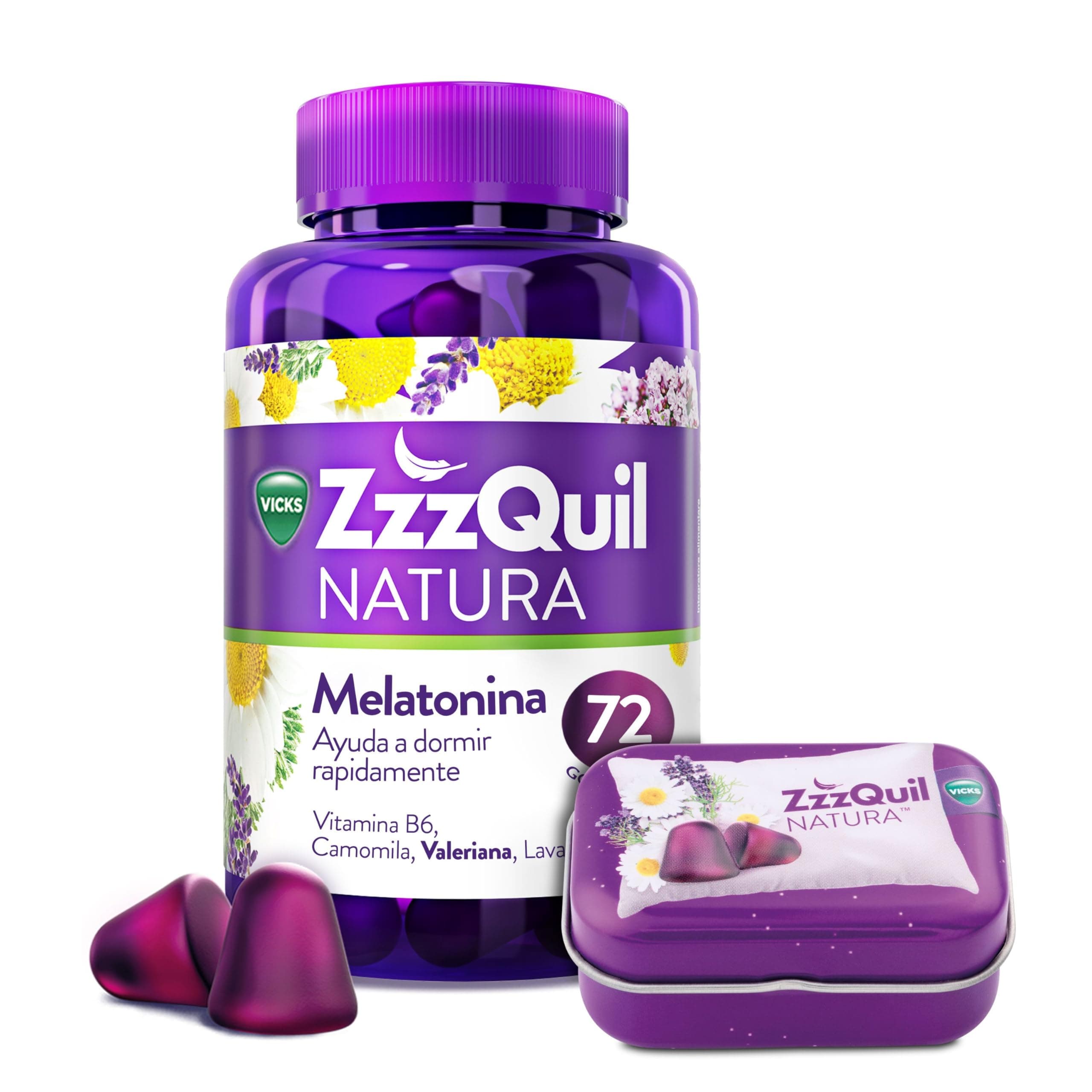 ZzzQuil Natura Gummies de Melatonina 1mg con Valeriana, Complemento Alimenticio para dormir sabor Frutos del Bosque, 72 Gummies y Cajita de Viaje