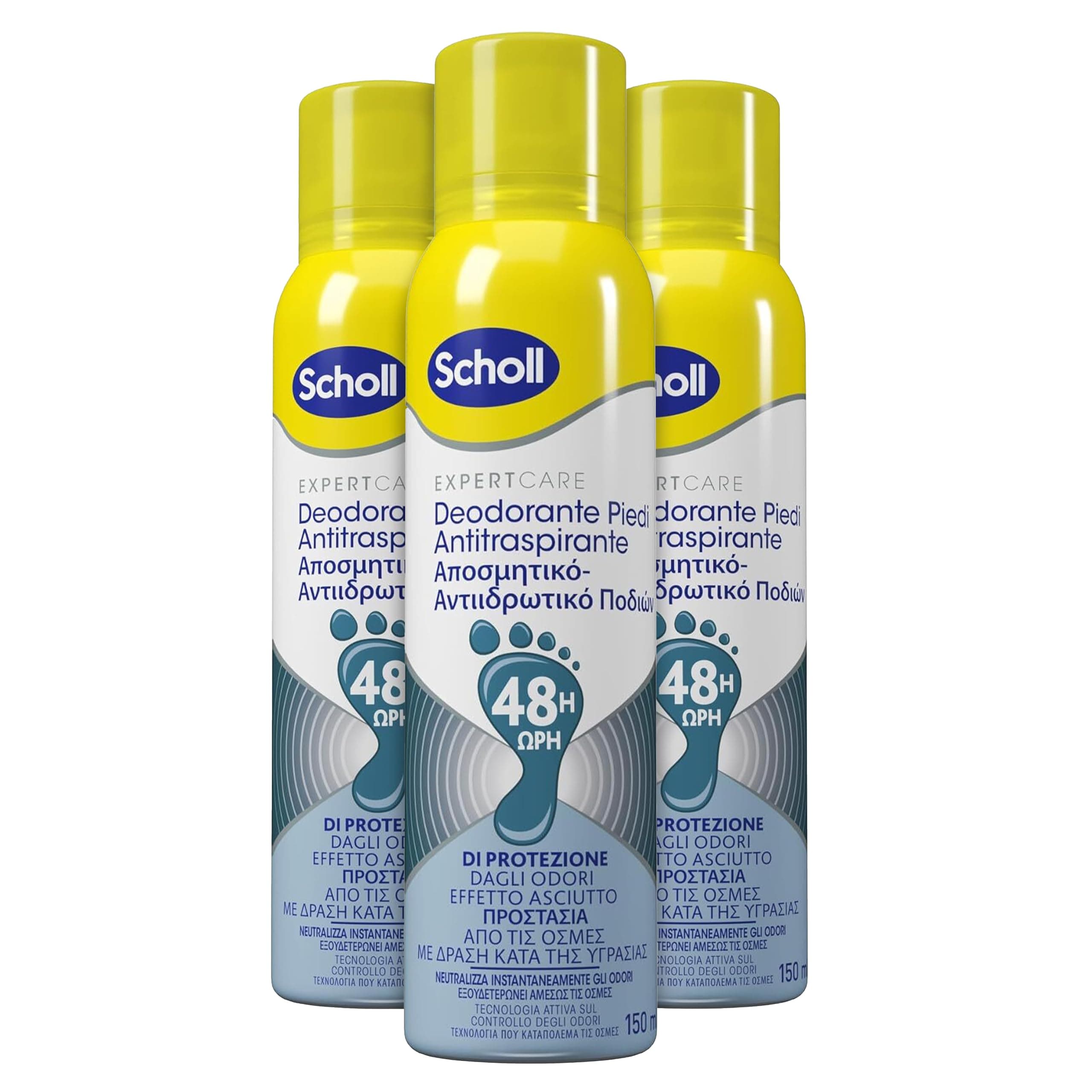 Dr. Scholl's ExpertCare, Deodorante Spray Piedi Antiodore, Elimina e Protegge dai Cattivi Odori per 48h, Sensazione di Freschezza a Lungo, 3 Flaconi da 150 ml