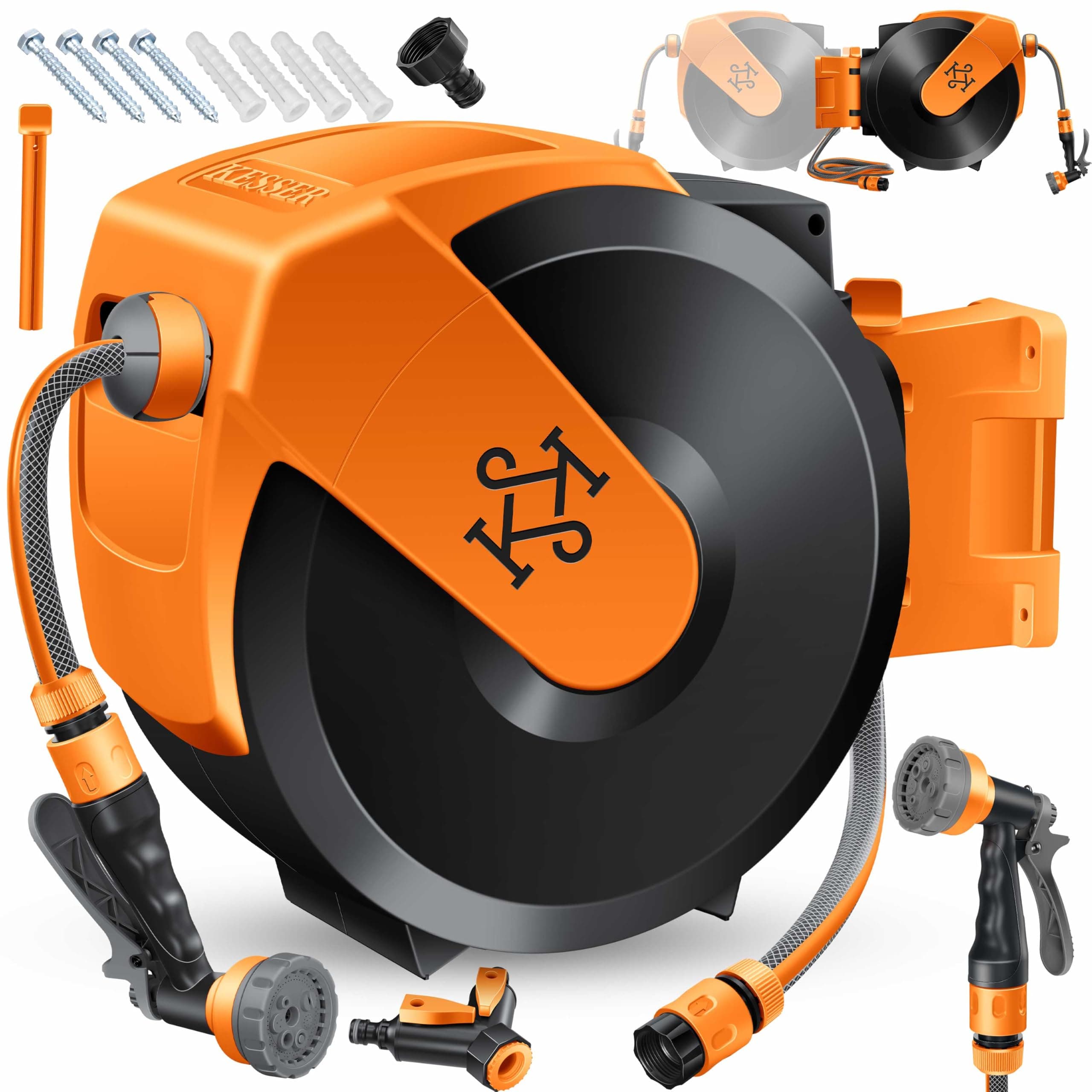 KESSER® Enrouleur de tuyau d'arrosage 35 m - Enrouleur de tuyau d'arrosage pour montage mural - Support mural - Pivotant à 180° et enroulement automatique - Boîte de tuyau mural avec douchette à 7
