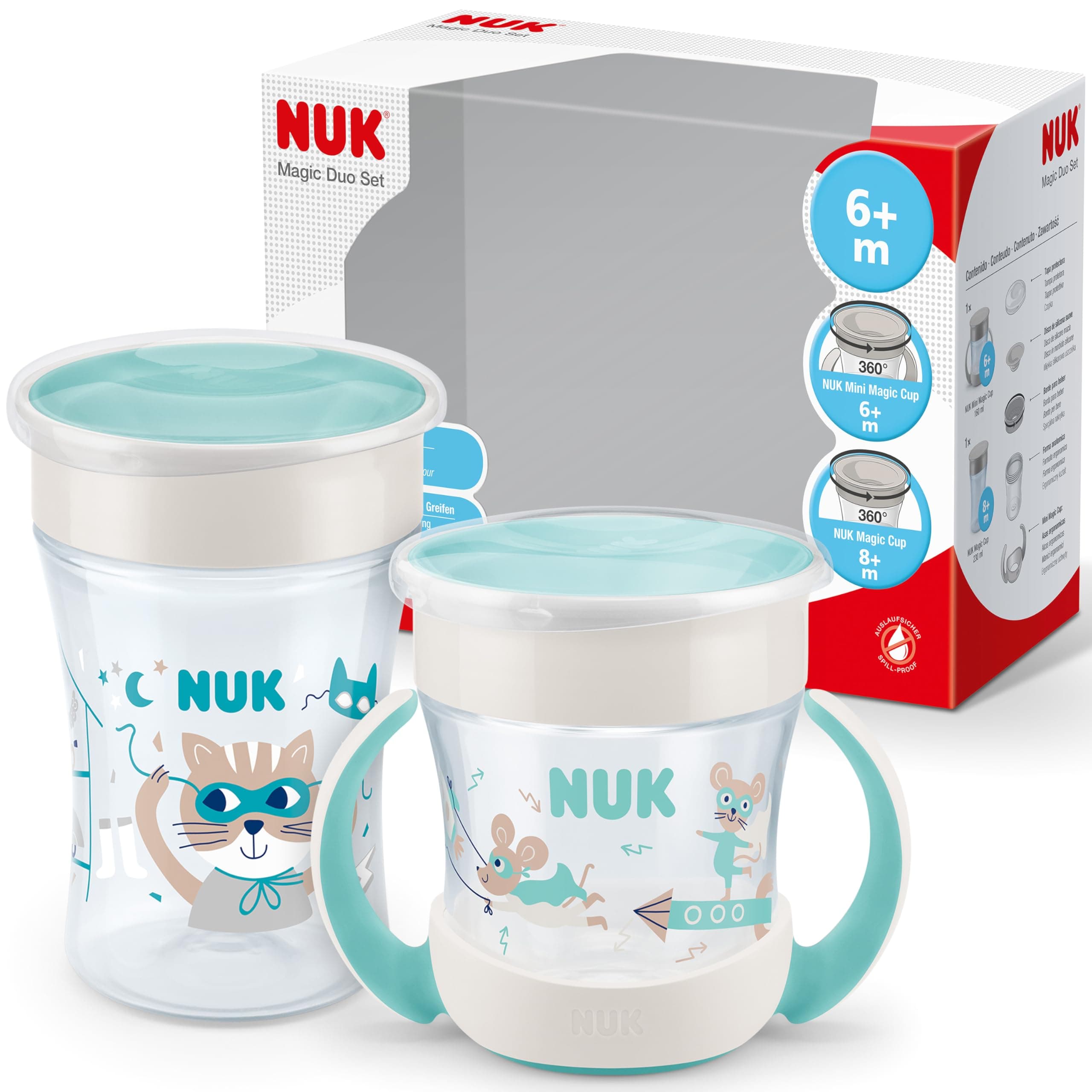 NUK Magic Cup e Mini Magic Bicchiere Antigoccia Duo Set | Bordo anti-rovesciamento a 360° | 6+ mesi | Senza BPA | 230 ml & 160 ml | Turchese
