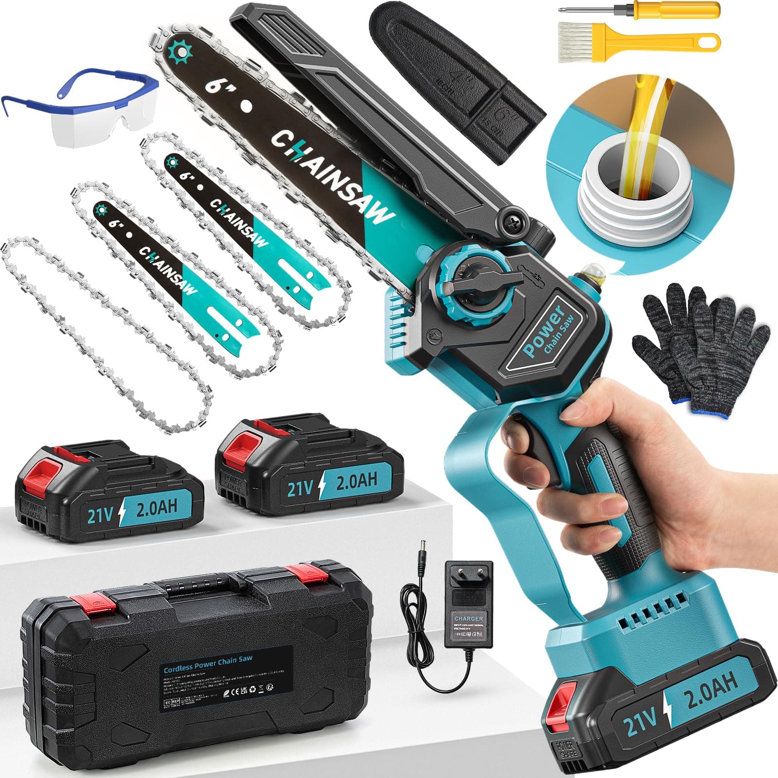 Mini Tronconneuse a Batterie 4000mAh, 6 Pouces 1000W Brushless Tronconneuse Electrique Sans Fil avec Graisseur Automatique, 3 Chaînes, 2 Batteries 2000mAh, Elagueuse Batterie Compatible avec Makita