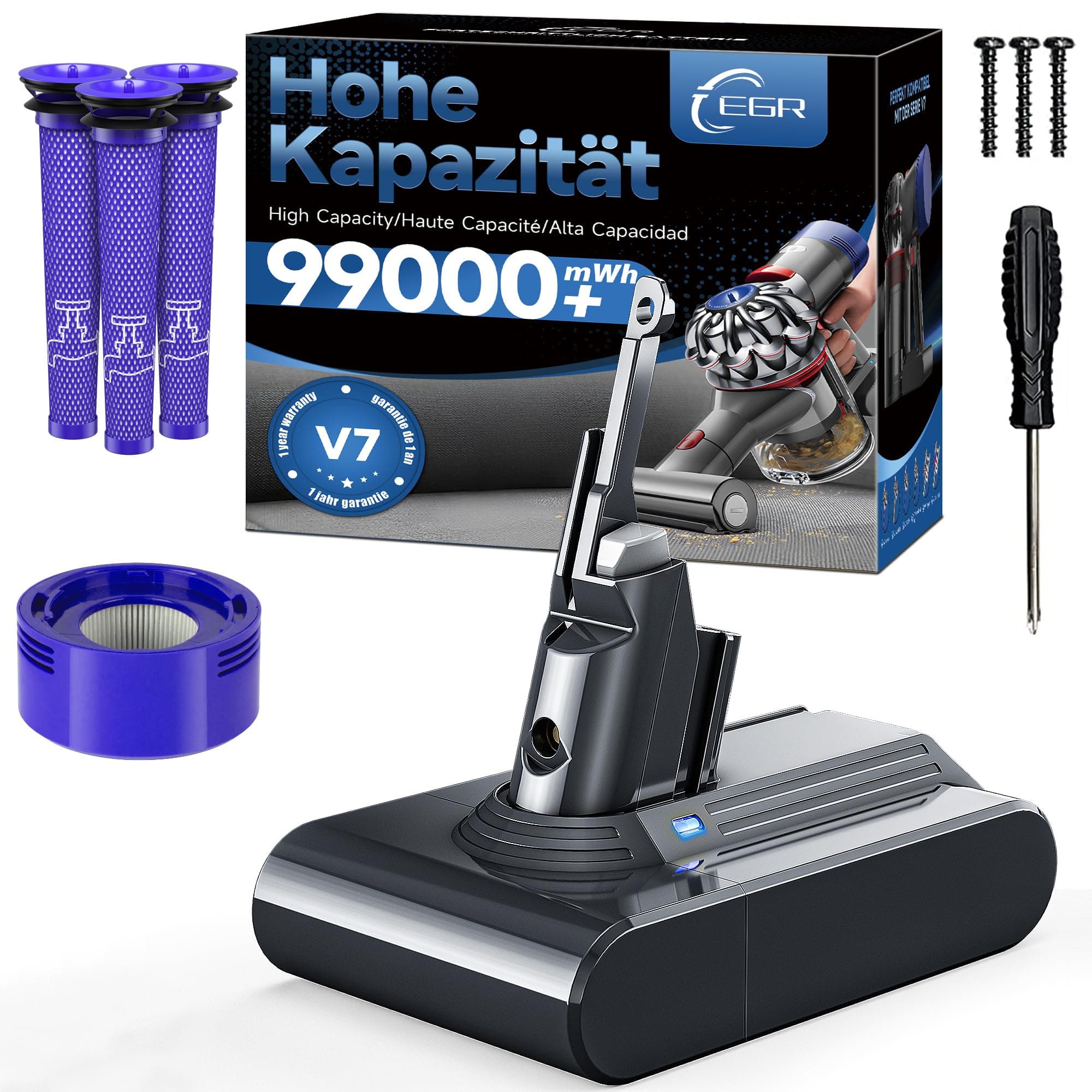 EGR Améliorée V7 Batterie Compatible pour Dyson V7 Motorhead/Animal/Trigger/Fluffy/Absolute/Car+Boat SV11 Aspirateur Batterie avec 4 Filtres et 3 Vis