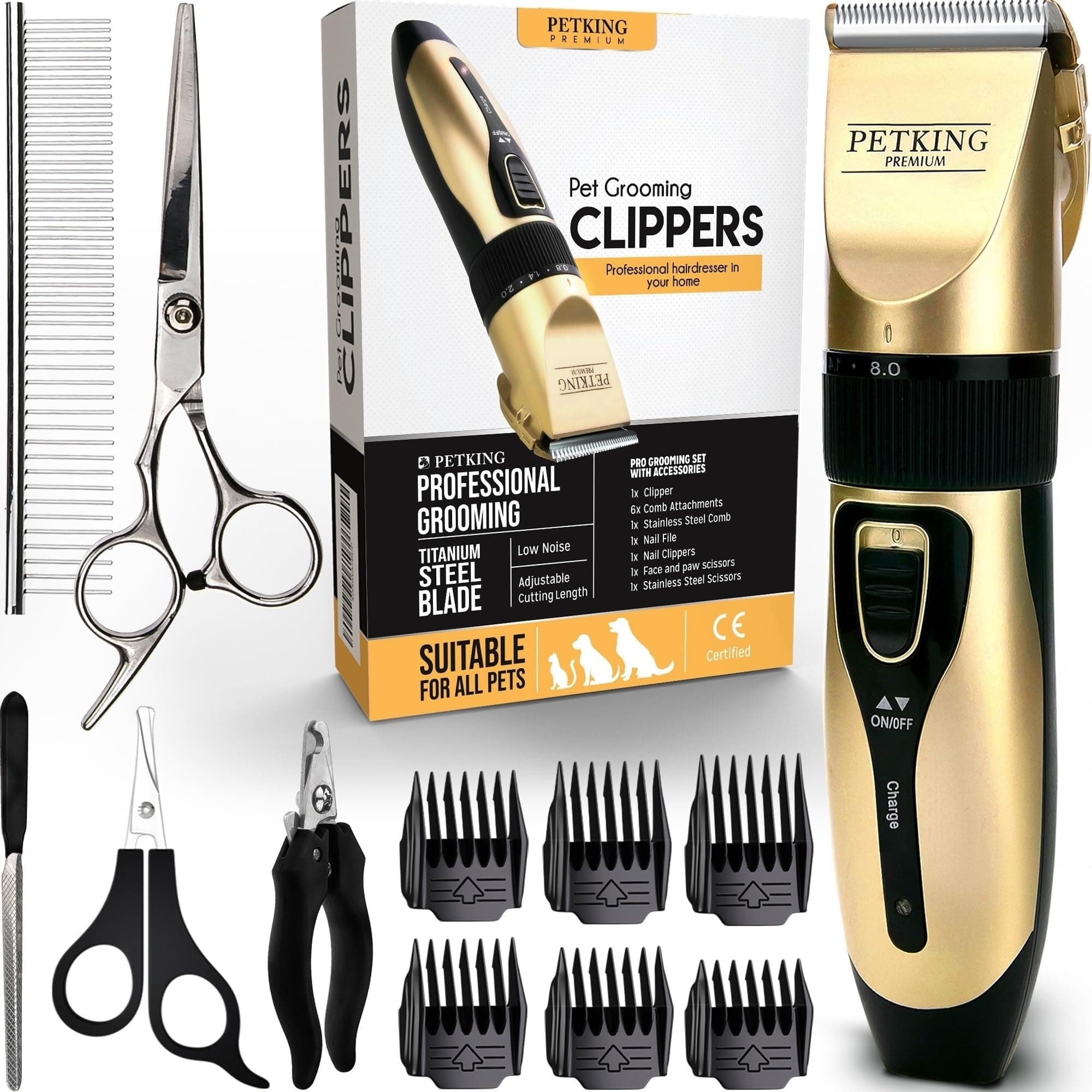 PetKing Tosatrice Professionale per Cani – Kit di Toelettatura Premium per Cani e gatti con Pelo Folto, Tosatrice per Animali Domestici Silenziosa e Senza Fili, Tagliacapelli a Bassa Rumorosità