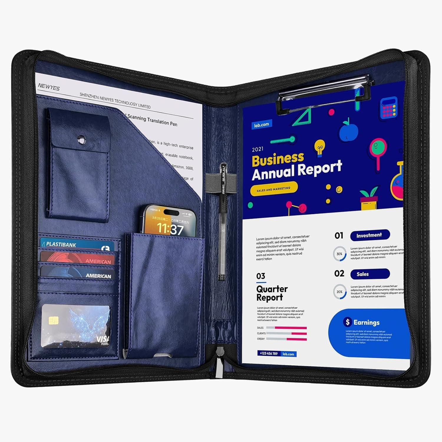NEWYES Cartellina di conferenze Zipper in PU cuoio, A4, Regalo Uomo & Regalo Donna, Cartella di documenti da viaggio, Portafoglio portafoglio da viaggio, Cartella organizer personale Agend, blu