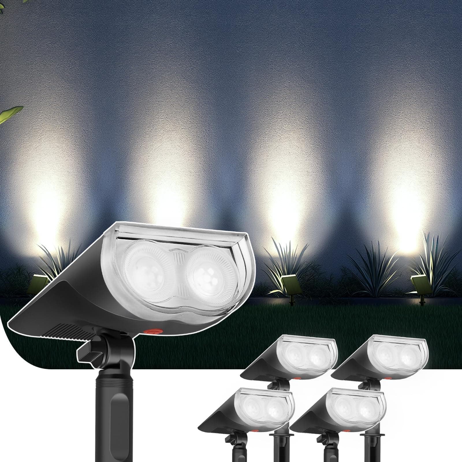 Linkind Spots Solaires Éxtérieur Jardin, Blanc Froid 6500K, Marche/Arrêt automatique, Étanche IP67, Lampe de Jardin LED StarRayS, installation 2 en 1 pour Arbustes, Palmiers, 4 Pcs