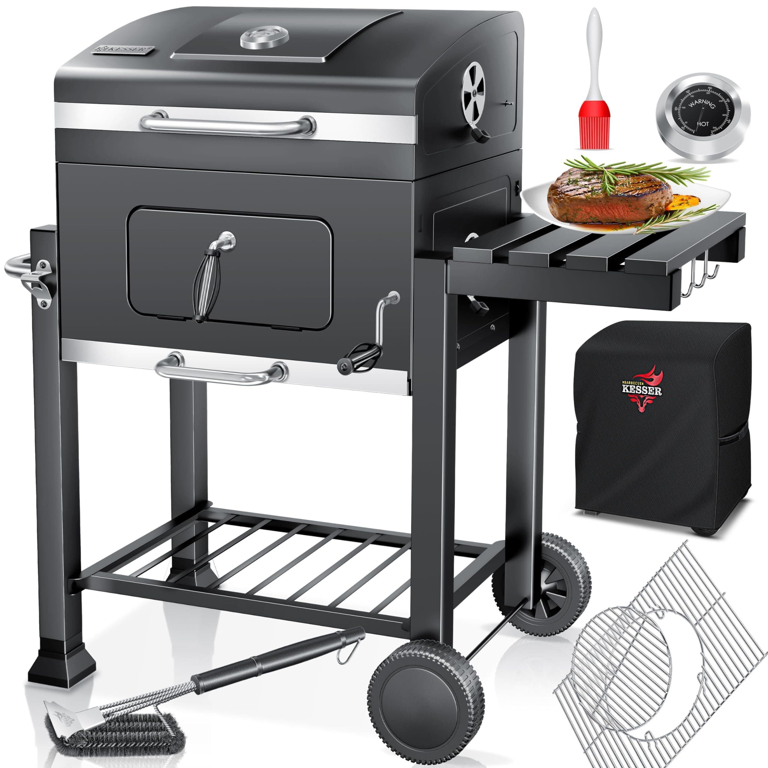 KESSER® Grill Chariot XL Barbecue au charbon de bois avec couvercle, roues, poignée en acier inoxydable, grille, brosse, housse et thermomètre Barbecue au charbon de bois Chariot grand charbon