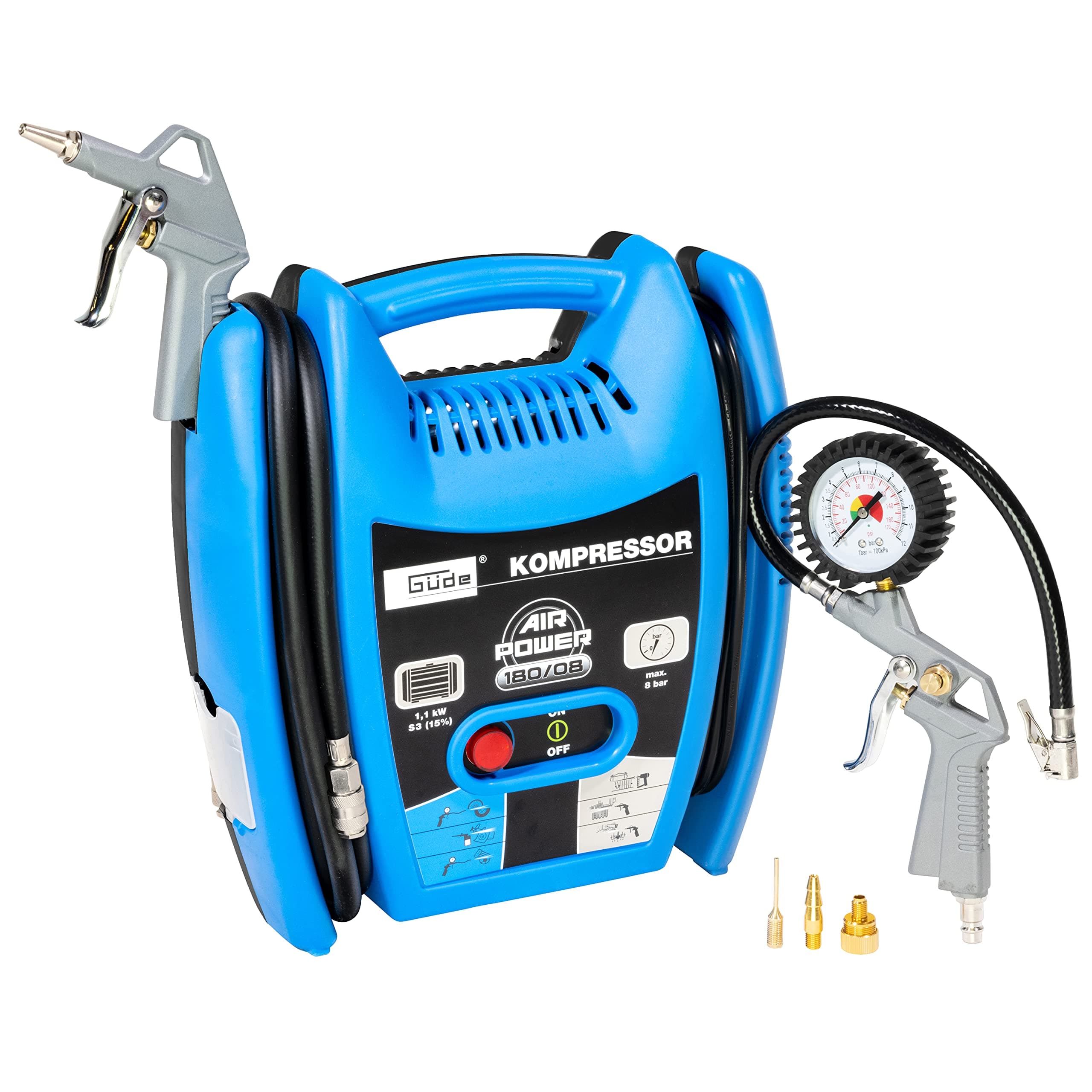 Güde Compresseur Airpower 180/08 (sans huile et nécessitant peu d'entretien, entraînement par courroie, 8 bars, 1100 W, débit effectif 140 l/min, tuyau d'air comprimé de 2,5 m avec raccord rapide