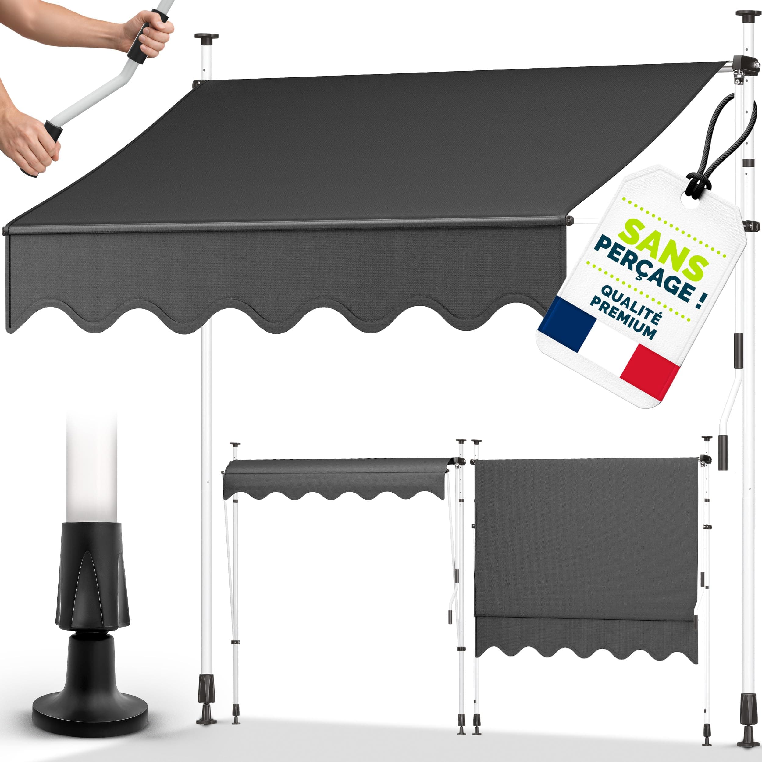 tillvex Store Banne Manuel rétractable avec manivelle pour Le Balcon | Marquise de terrasse sans percement | Marquise Soleil de Balcon auvent téléscopique (Gris, 250cm)