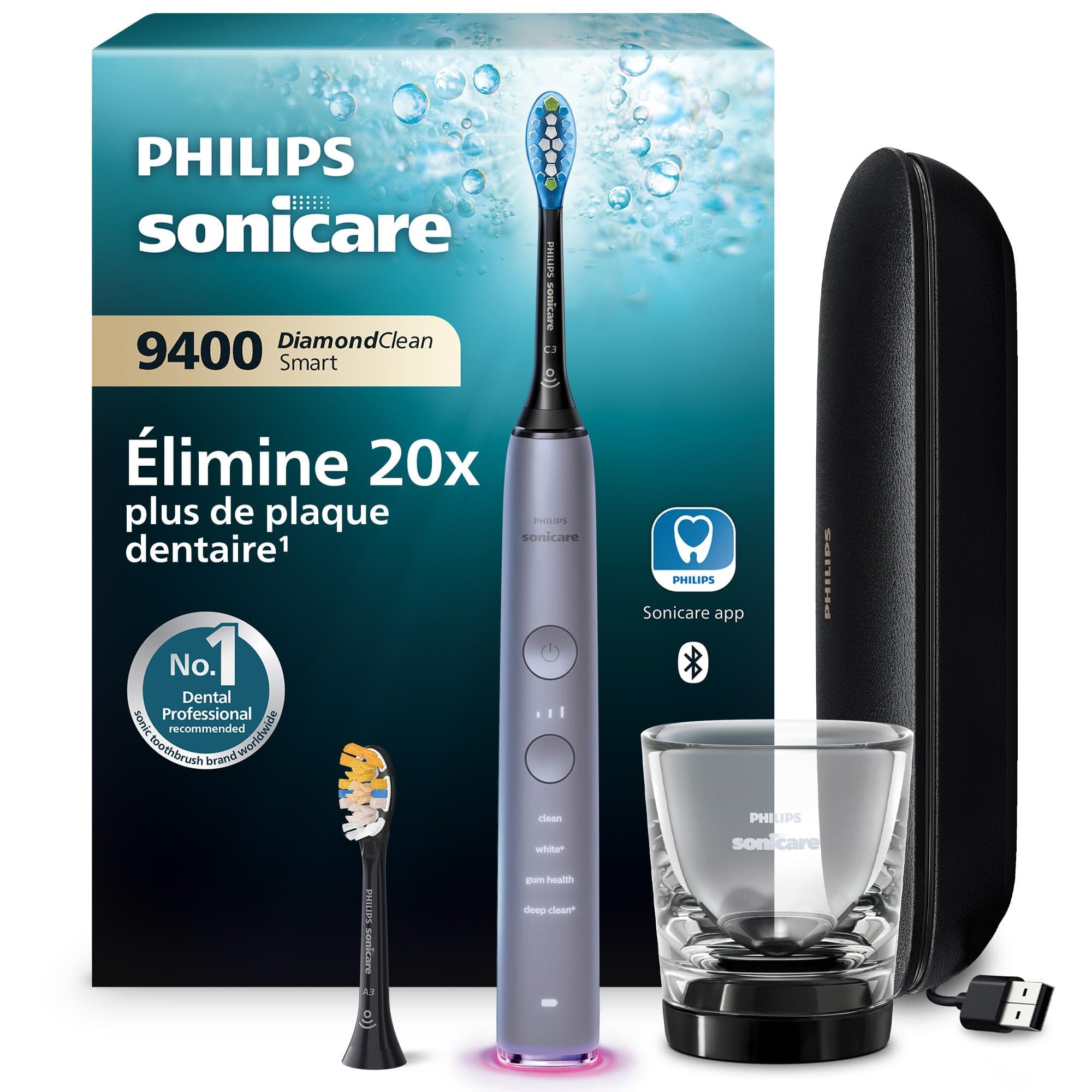 Philips Sonicare DiamondClean Smart 9400 - Brosse à dents électrique avec application, capteur de pression, détection de la tête de brosse, gris, modèle HX9917/90