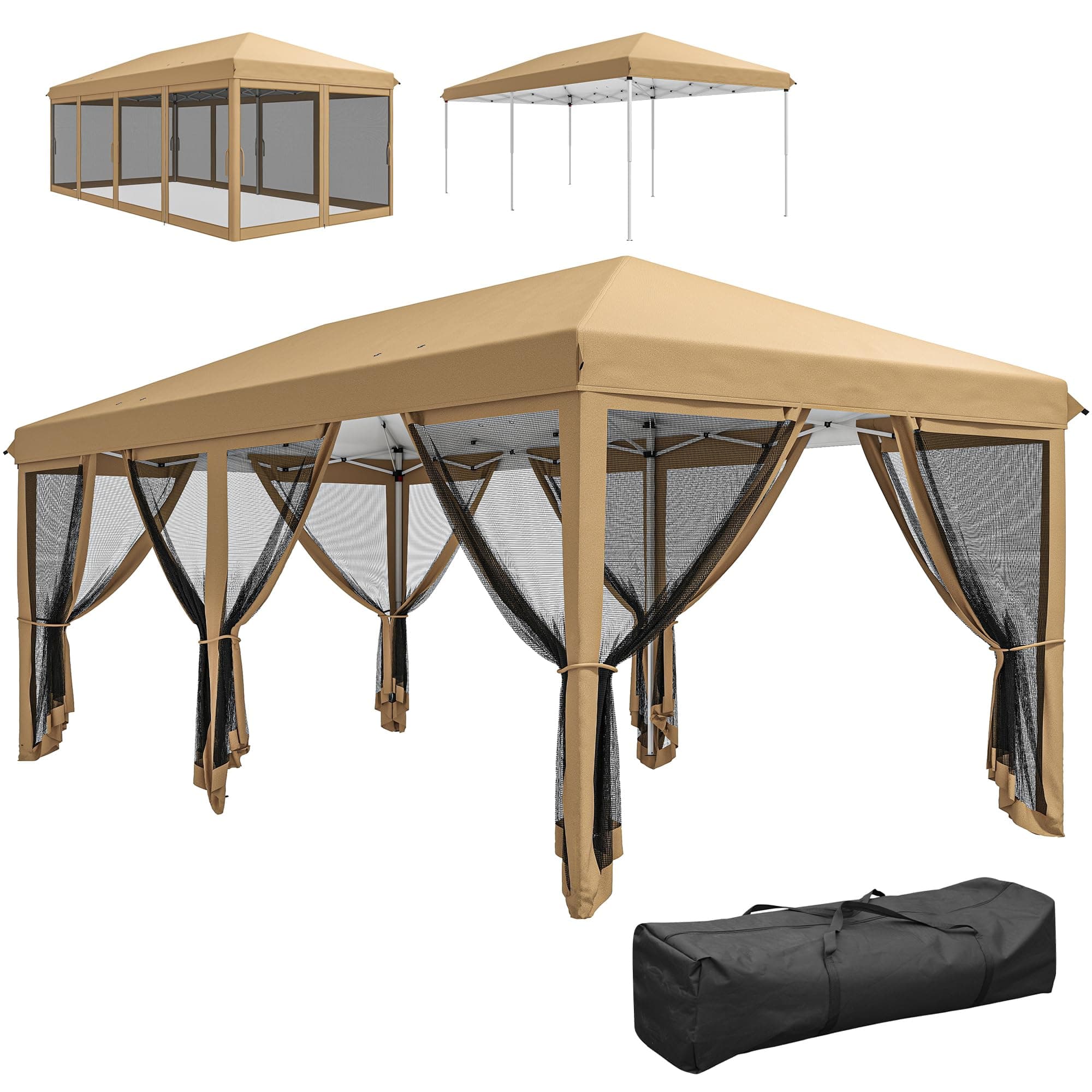 Outsunny Tonnelle Pliante tonnelle de Jardin extérieure Barnum Pliant Pop-up pavillon de terrasse 6 x 3 m Anti-UV moustiquaires Amovibles + Sac de Transport Beige