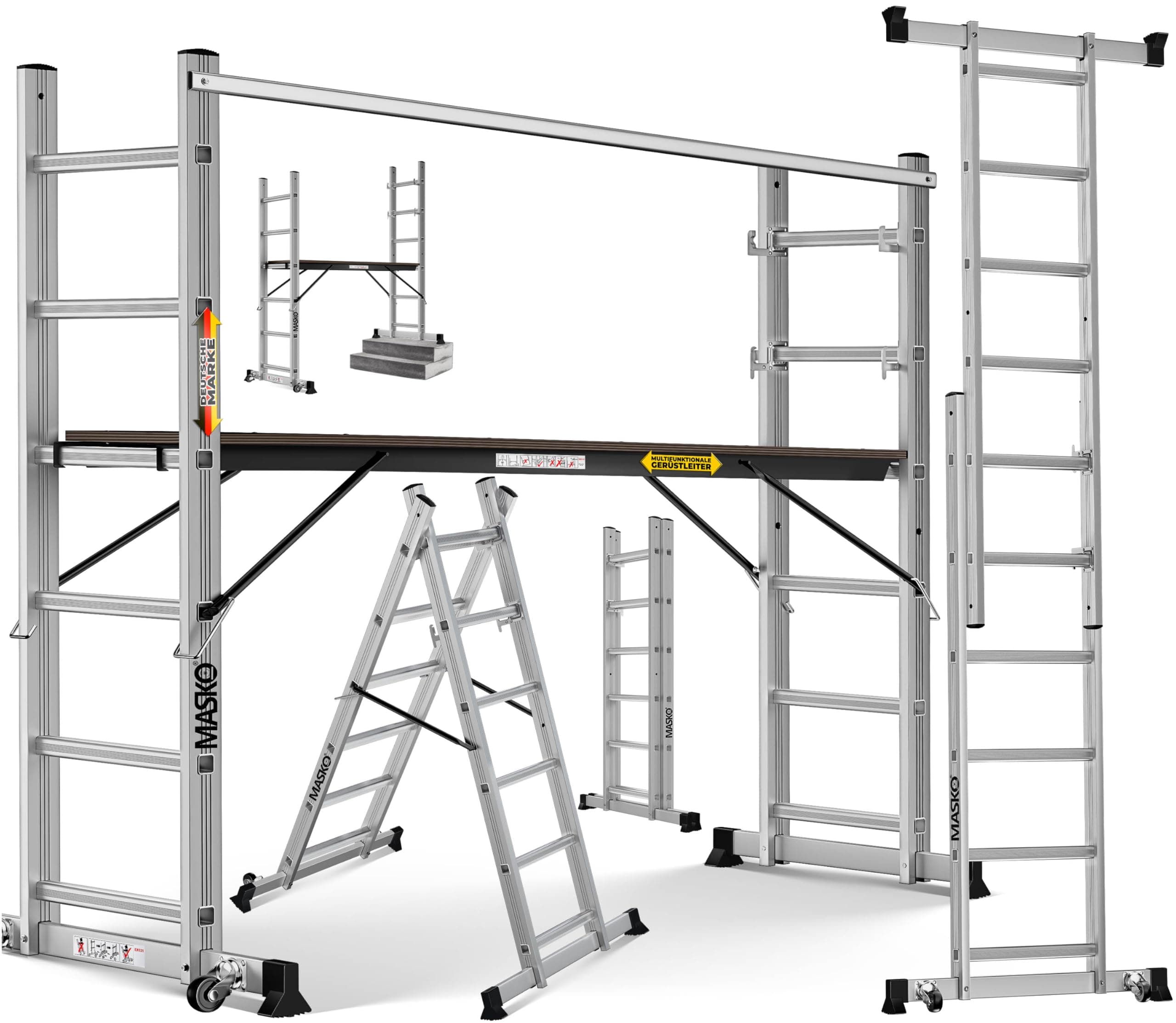 Masko® Ponteggi Telaio in alluminio Struttura Scala da ponteggio, Piattaforma lavoro | Caricabile fino a 150 KG | Rivestimento antiscivolo | | Testato GS (EN 131)