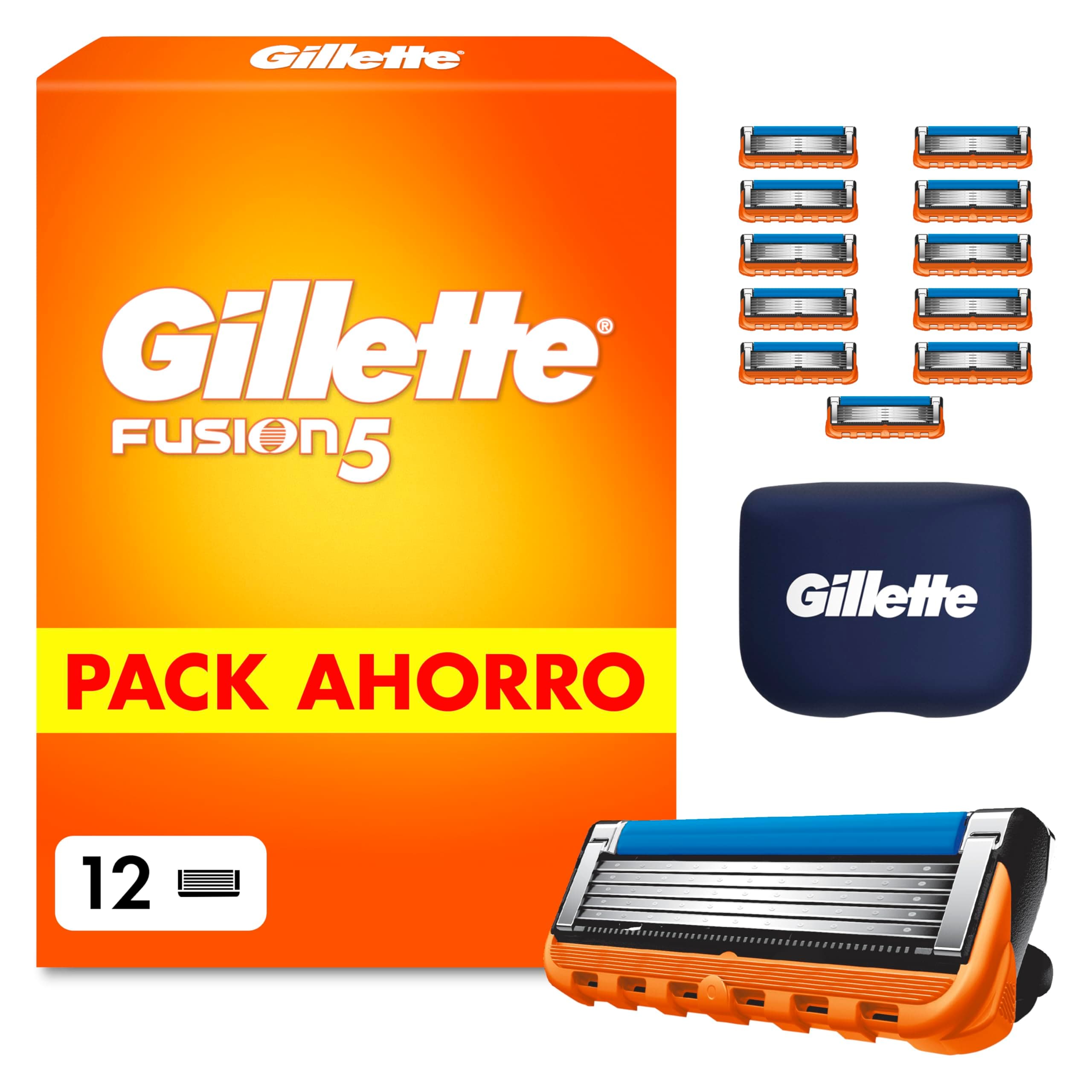 Gillette Fusion5 Recambios para Maquinillas de Afeitar, Pack de 12 Cuchillas de Afeitar con 5 Hojas, Banda de Gel Lubricante Y Recortadora de Precisión