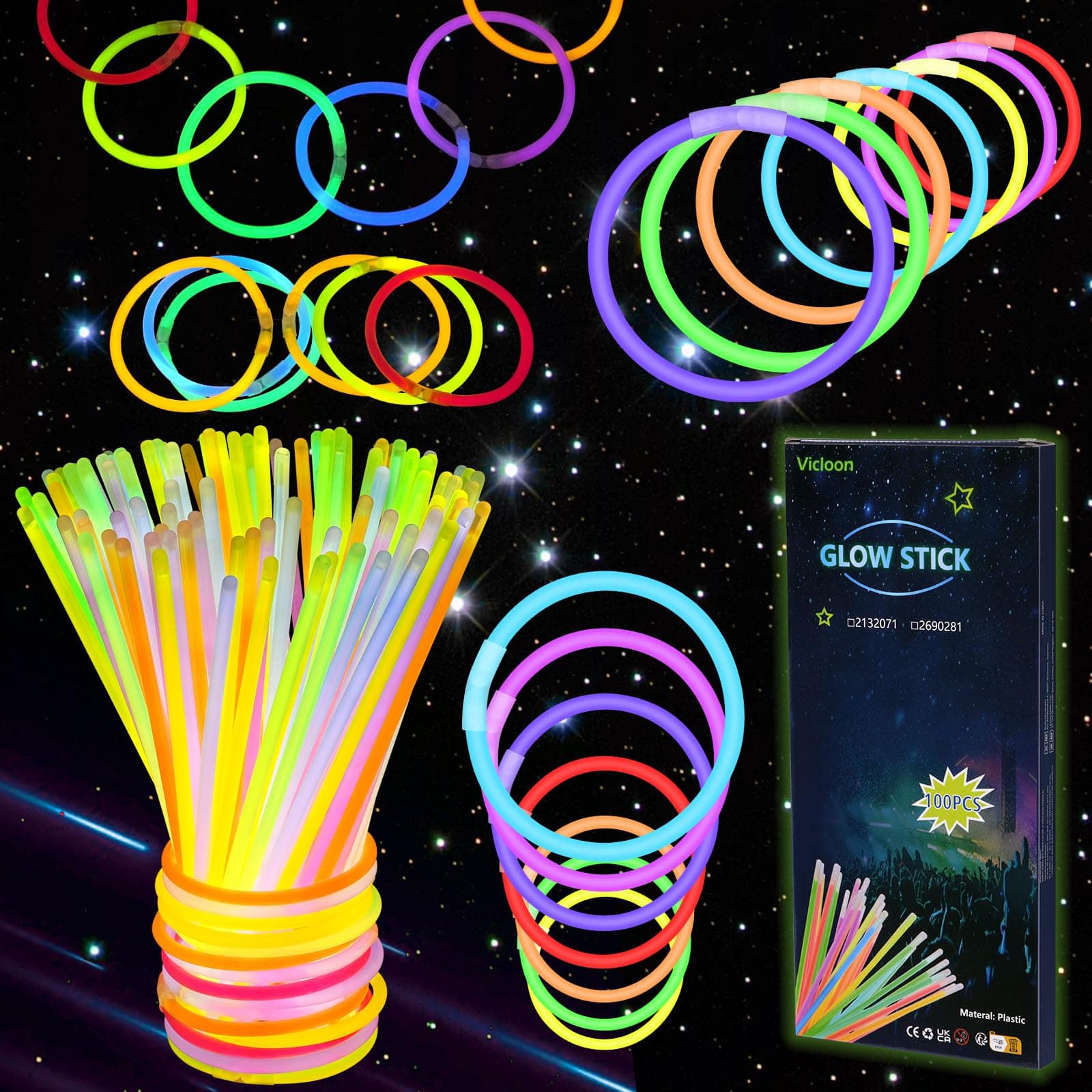 Vicloon 100 Pezzi Braccialetti Luminosi Fluorescenti Glow Stick, Glowsticks Party con Connettori per Creare Bracciali e Occhiali, Fluorescenti Bagliore Colori Misti Accessori per Feste Carnevale